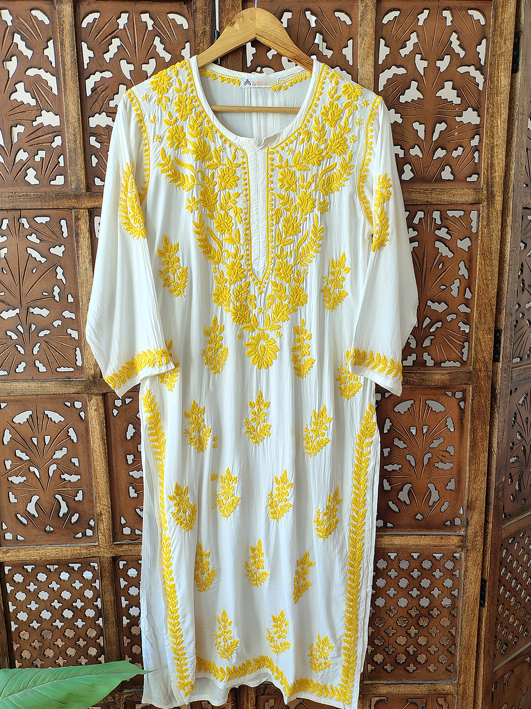 Yellow Modal Chikankari Straight Kurti