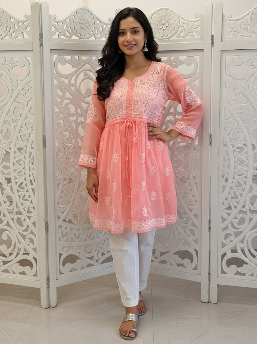 Peach Georgette Chikankari Tunic Top