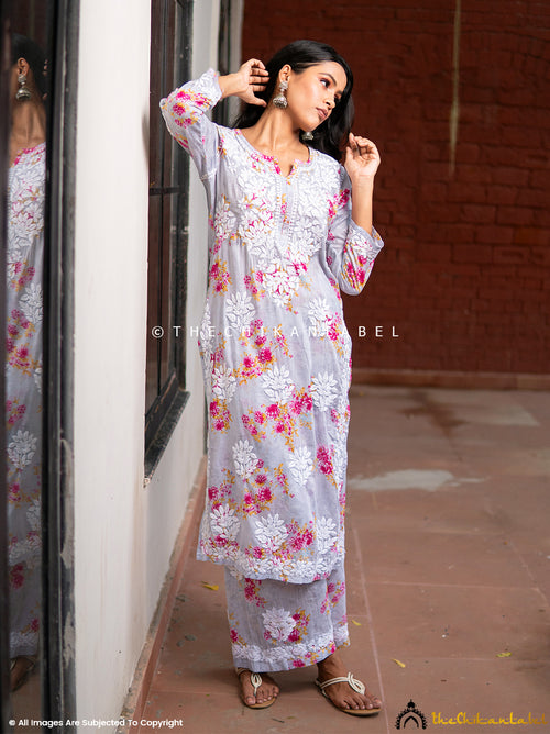 Gray Darmiyan Mulmul Cotton Kurti Palazzo Set