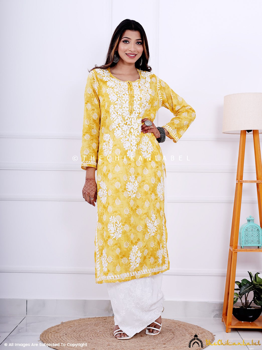 Yellow Cotton Chikankari Straight Kurti