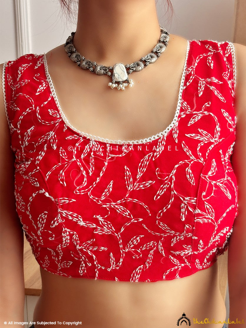 Red Georgette Chikankari Blouse For Lucknowi Chikan Sarees