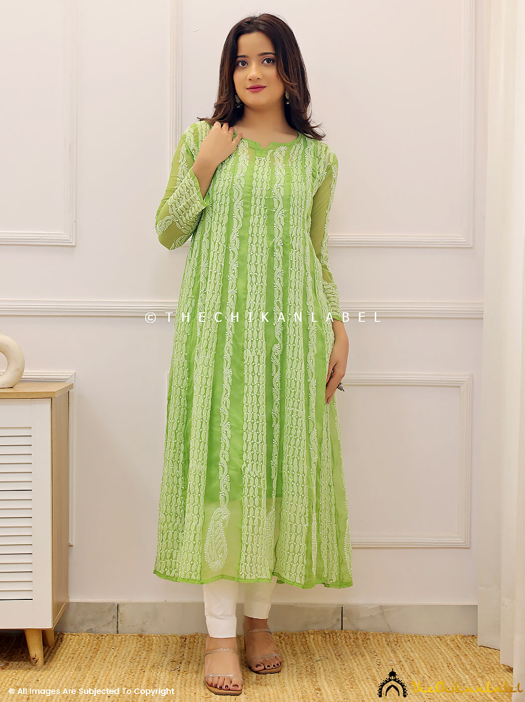 Green Georgette Chikankari Anarkali Kurti