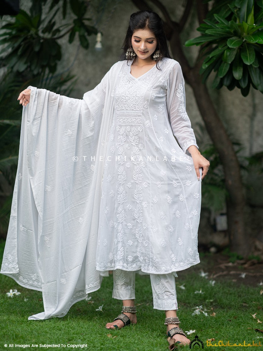 White Nikhat Mulmul Cotton Chikankari Kurta Pant Set with Dupatta