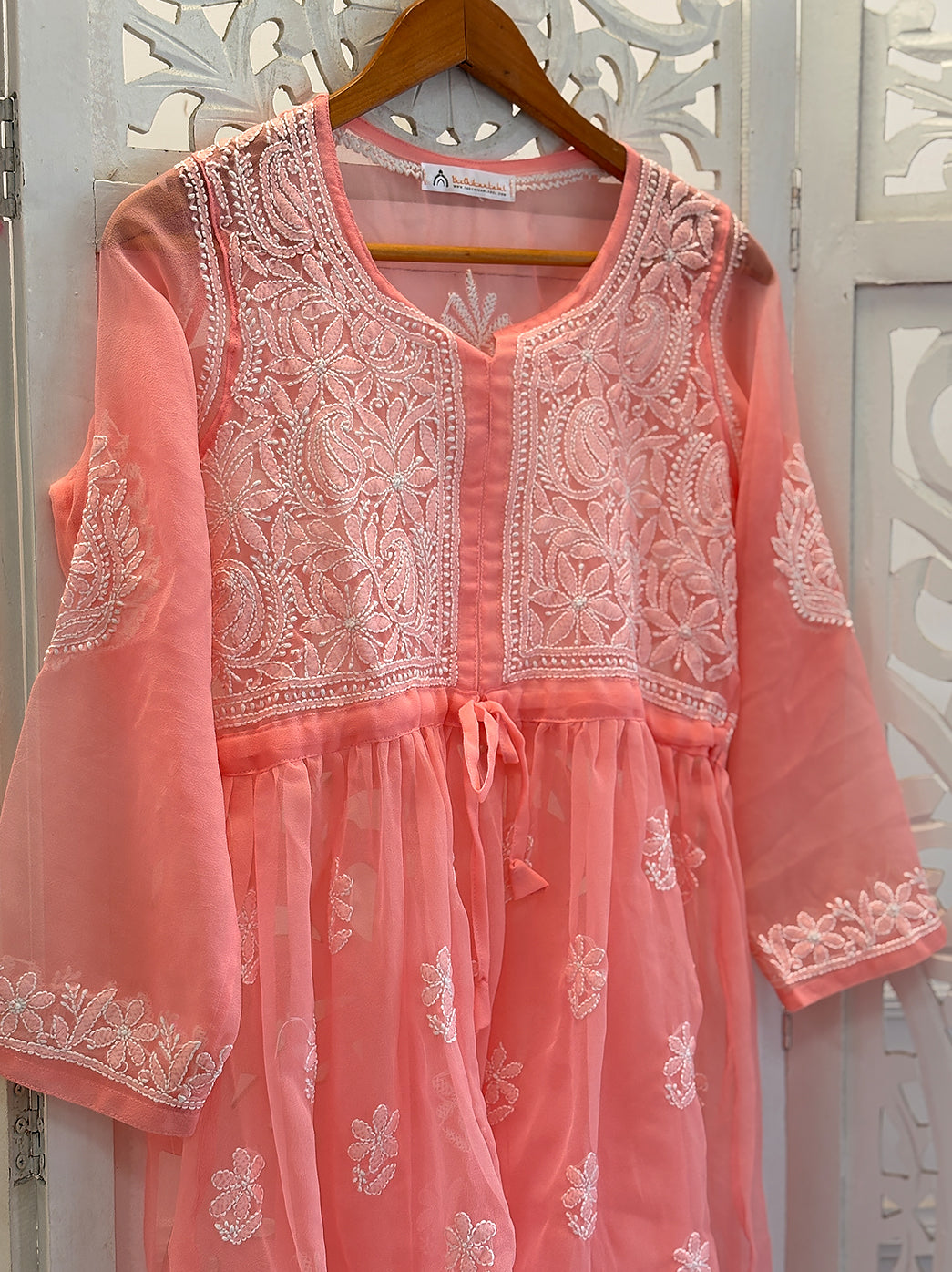 Peach Georgette Chikankari Tunic Top