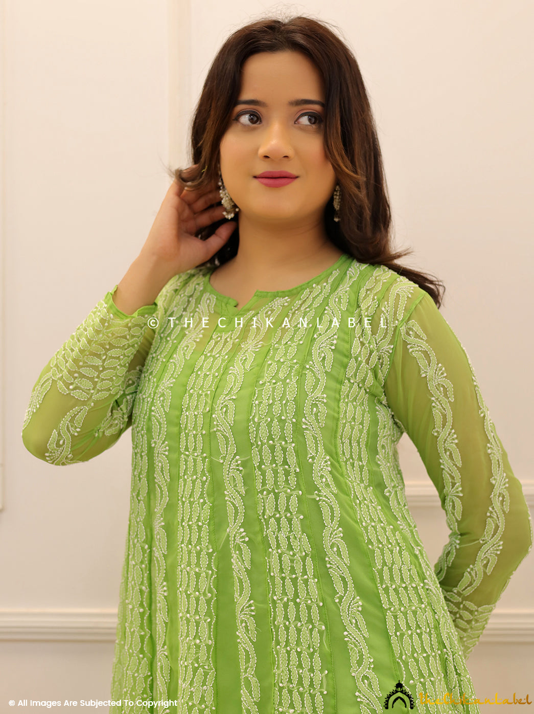 Green Georgette Chikankari Anarkali Kurti