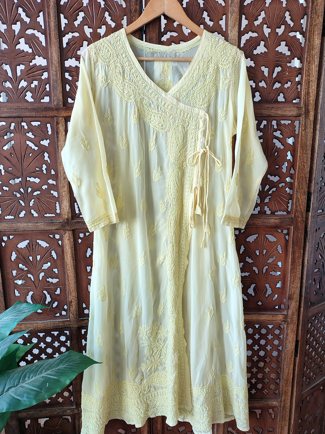 Yellow Georgette Chikankari Angarkha Kurti