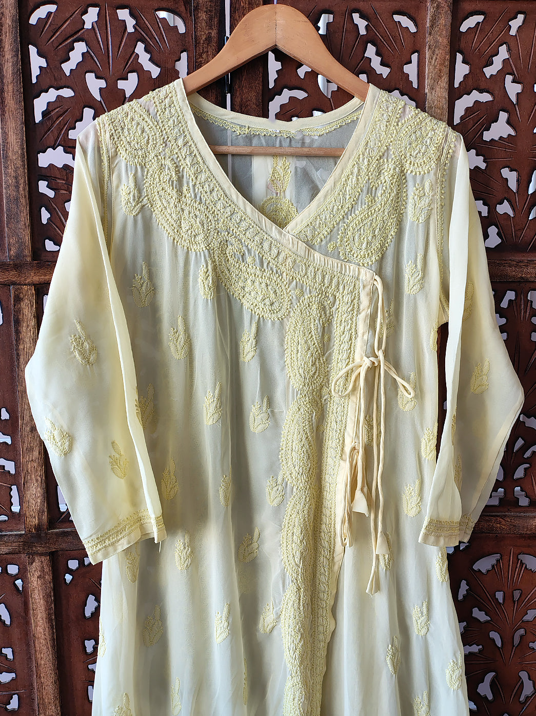Yellow Georgette Chikankari Angarkha Kurti