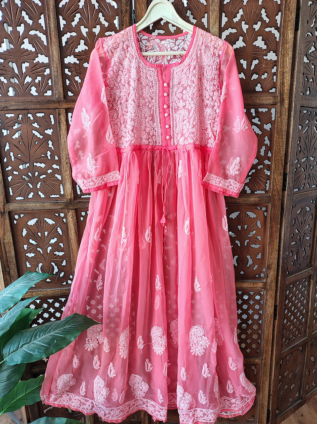 Peach Georgette Chikankari Anarkali Kurti