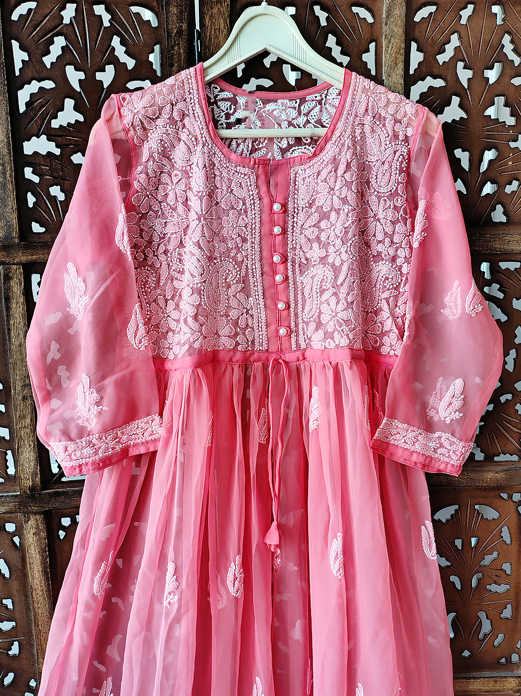 Peach Georgette Chikankari Anarkali Kurti