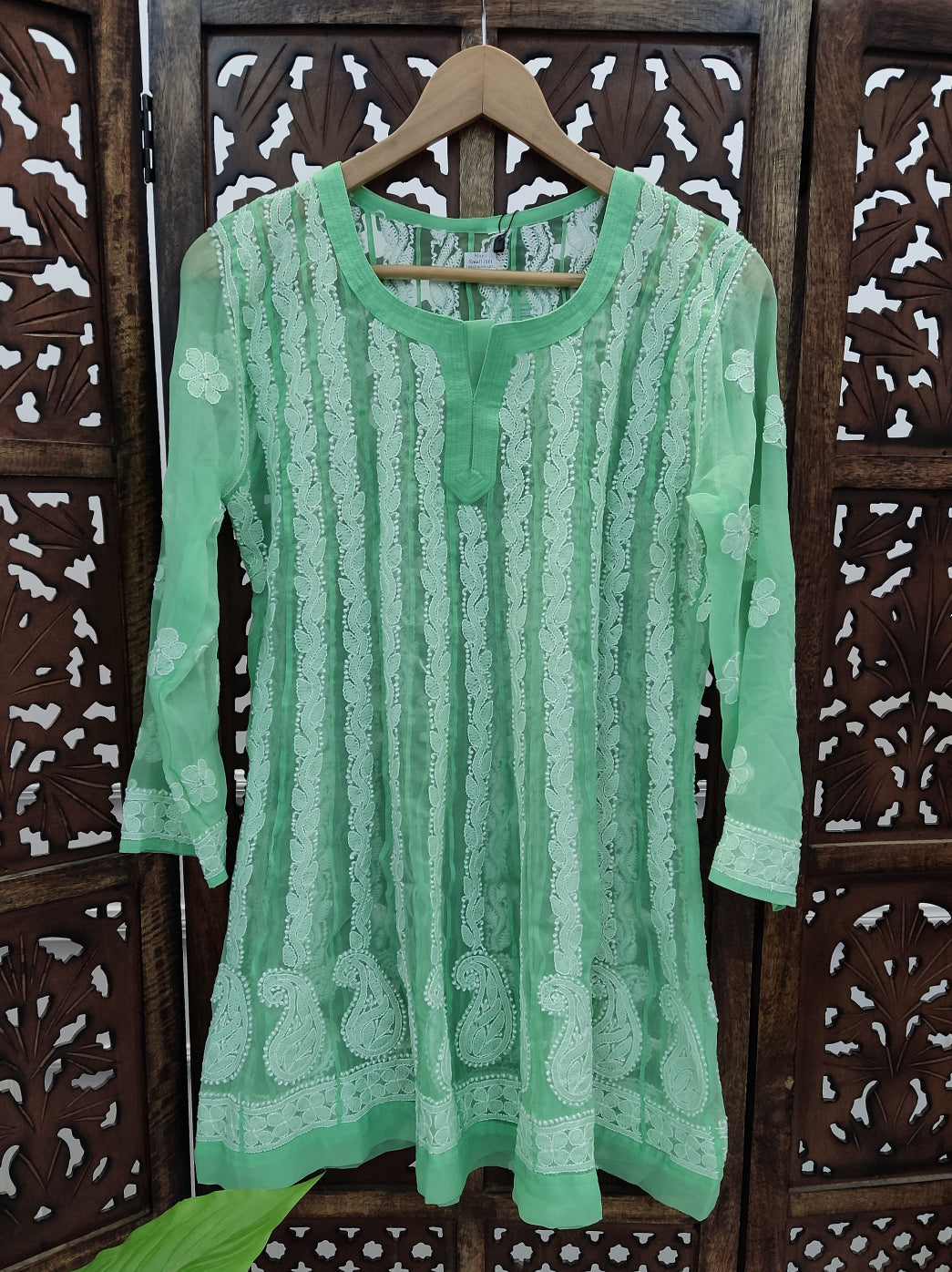 Pista Green Georgette Chikankari Short Kurti