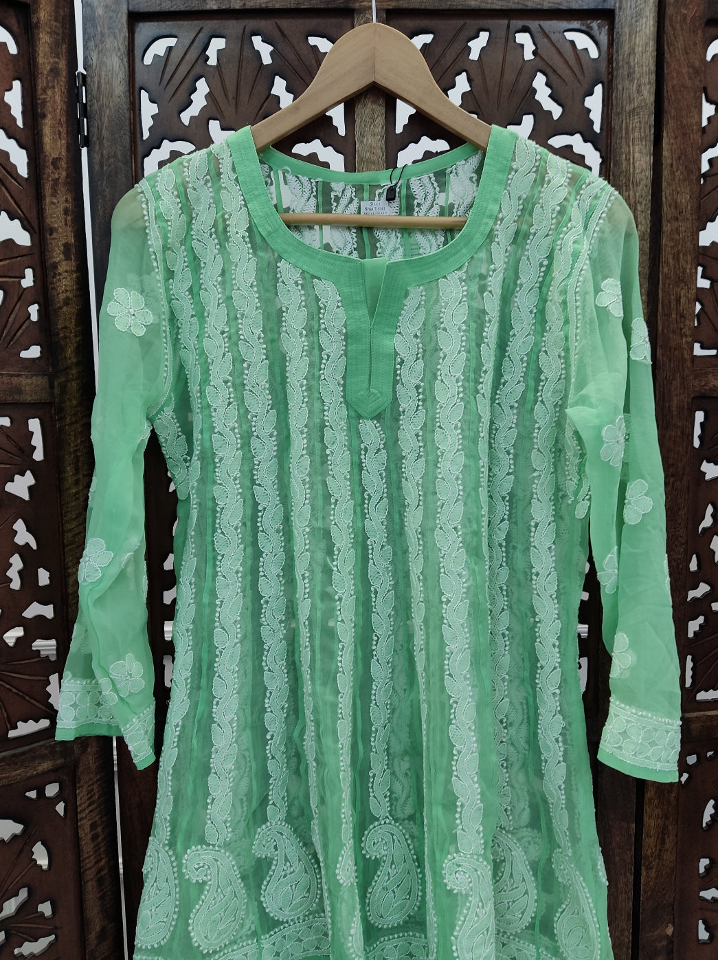 Pista Green Georgette Chikankari Short Kurti