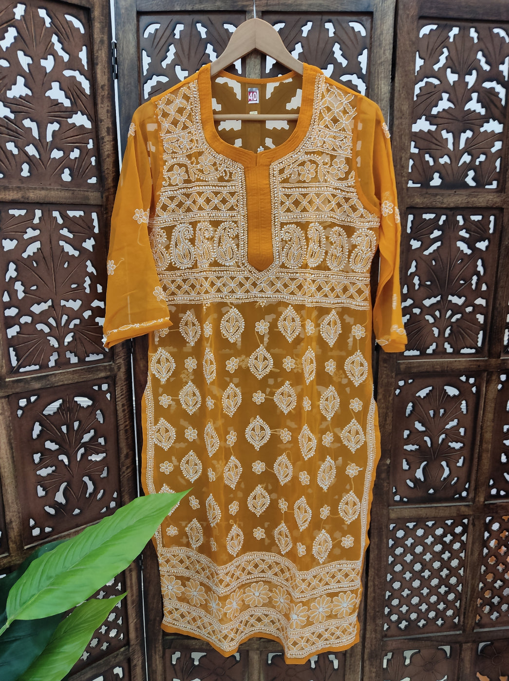 Yellow Georgette Chikankari Straight Kurti