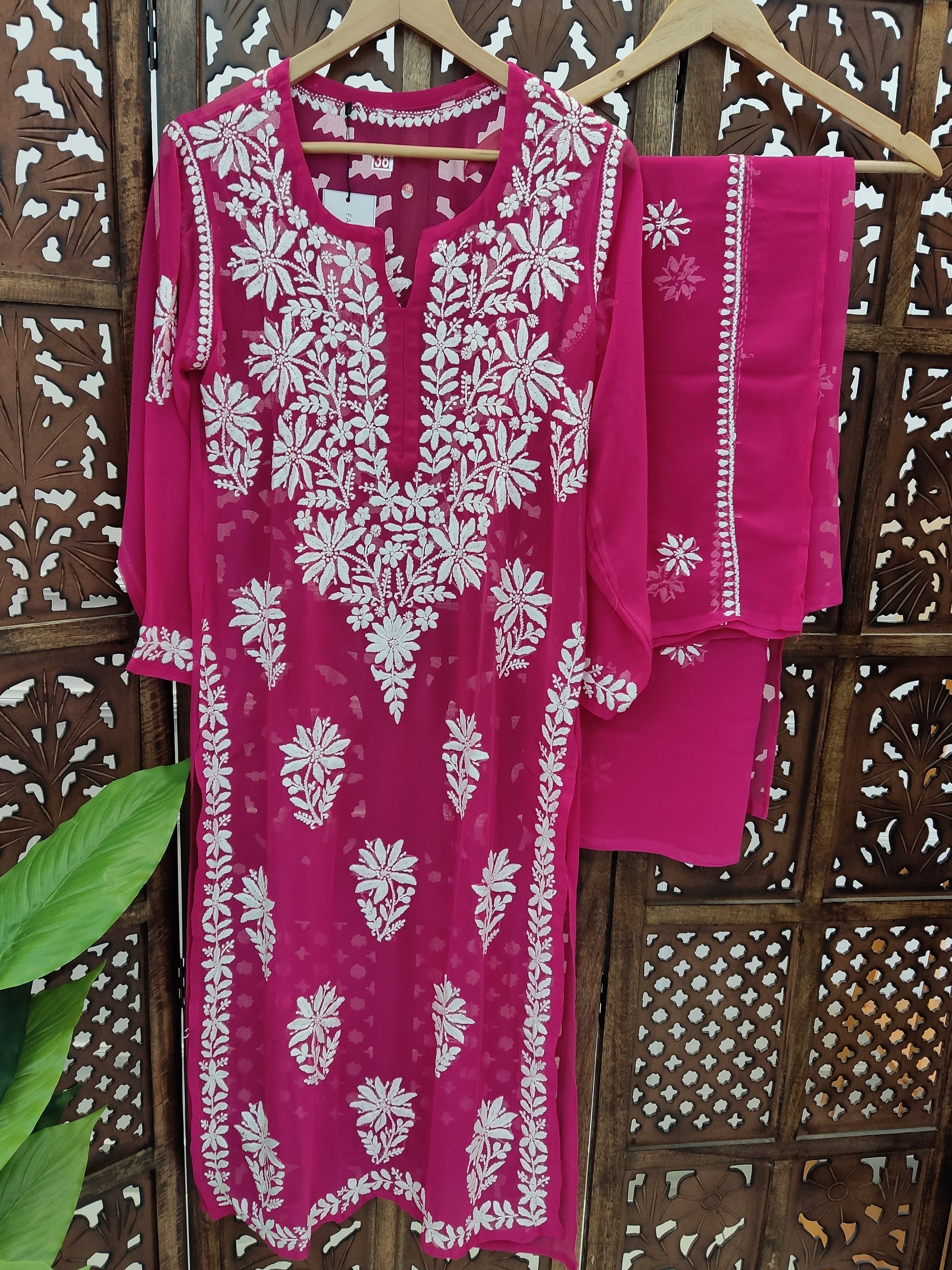 Rani Pink Georgette Chikankari Straight Kurti with Dupatta