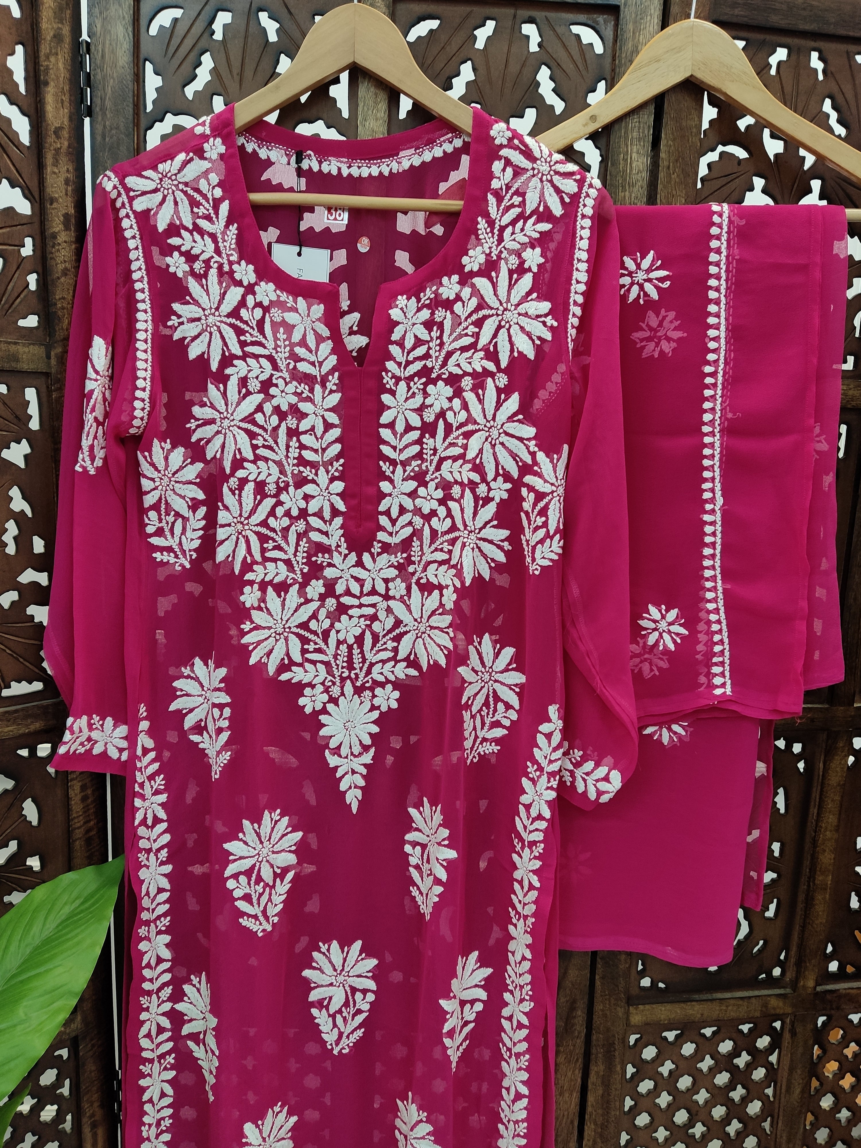 Rani Pink Georgette Chikankari Straight Kurti with Dupatta