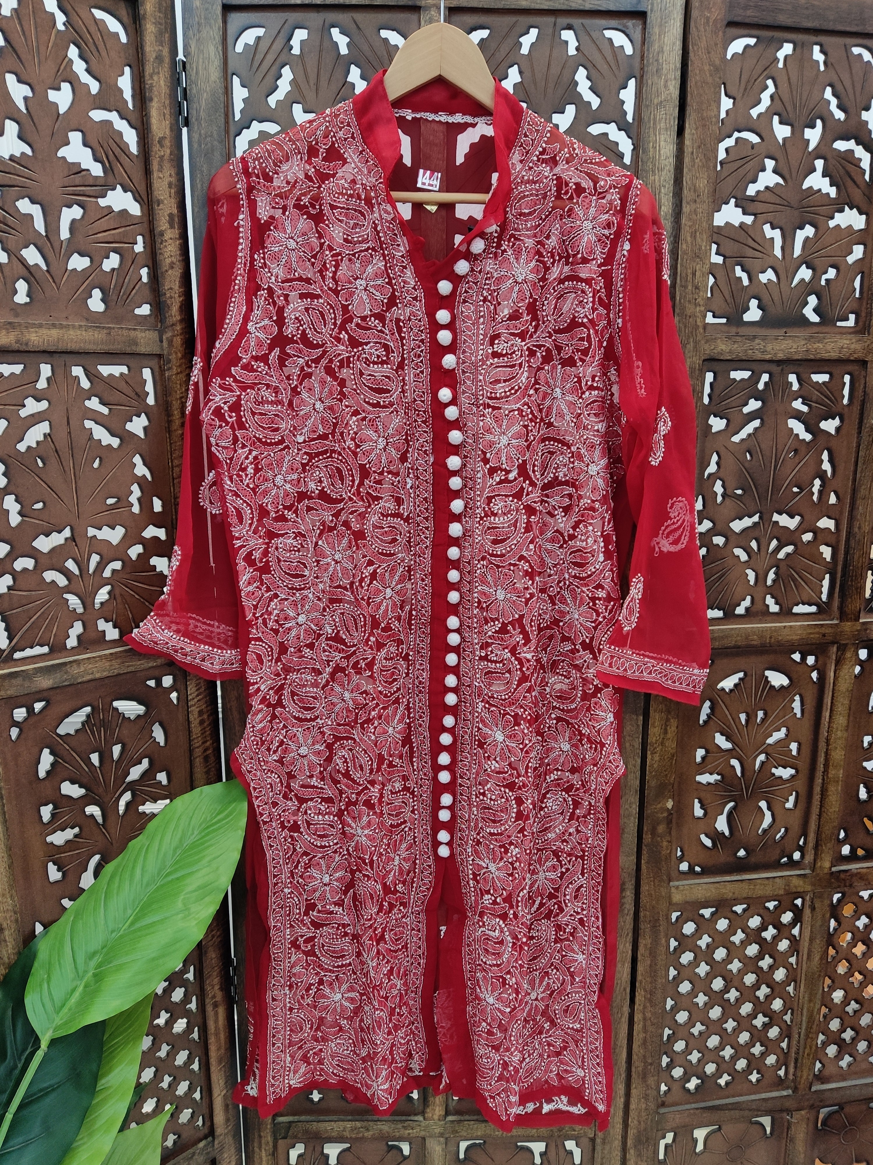 Red Georgette Chikankari Straight Kurti