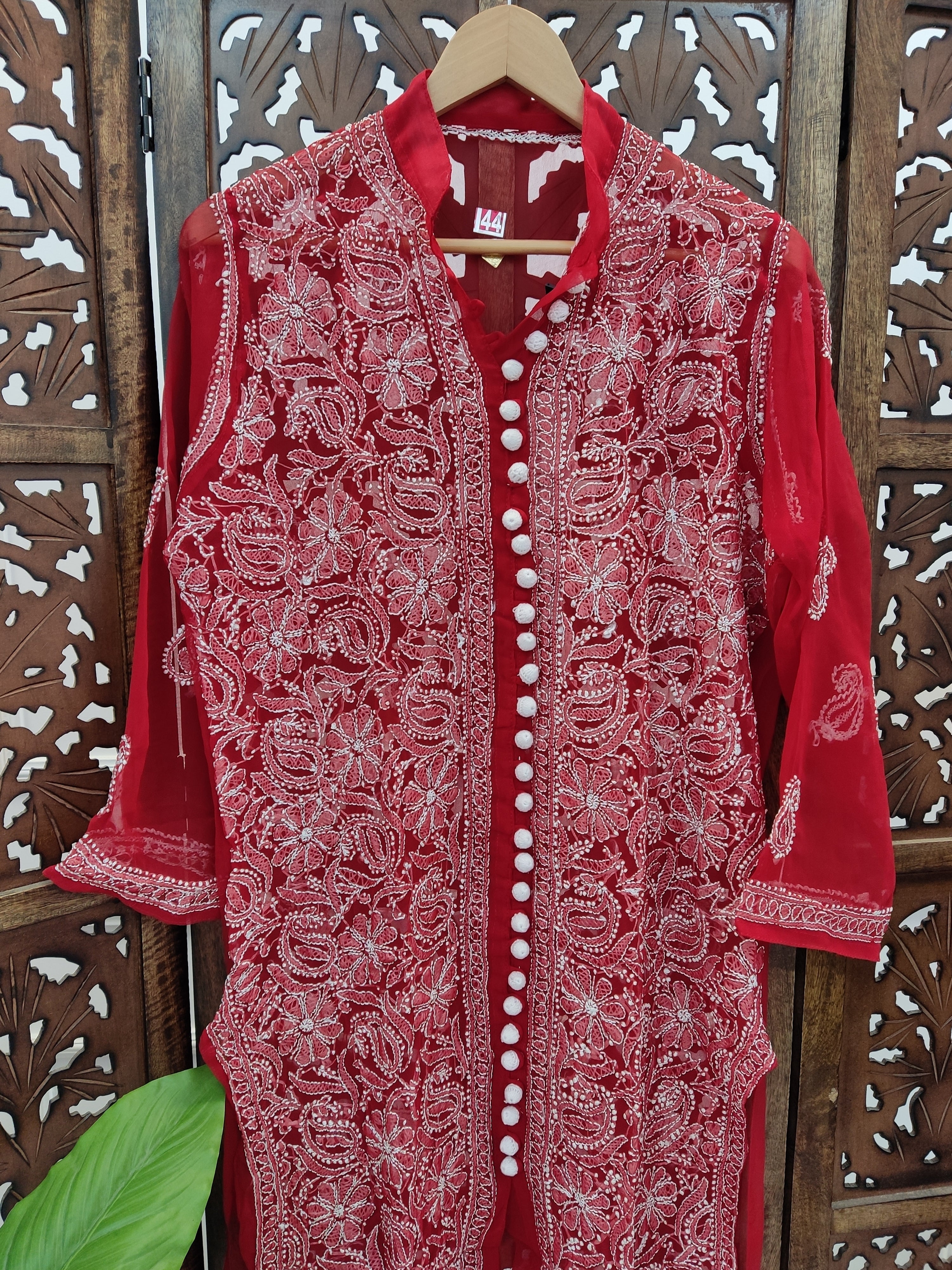 Red Georgette Chikankari Straight Kurti