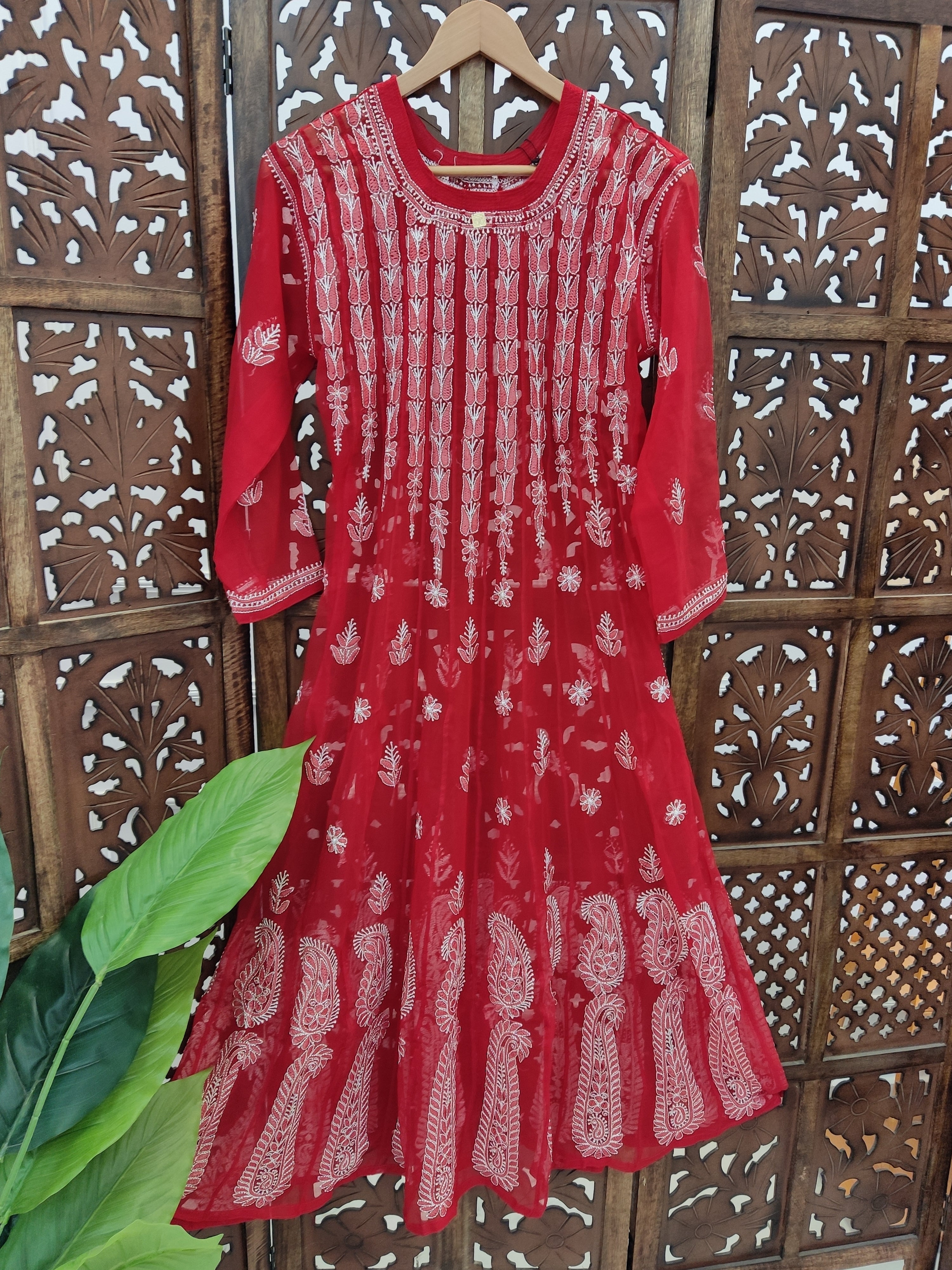 Red Georgette Chikankari Anarkali Kurti