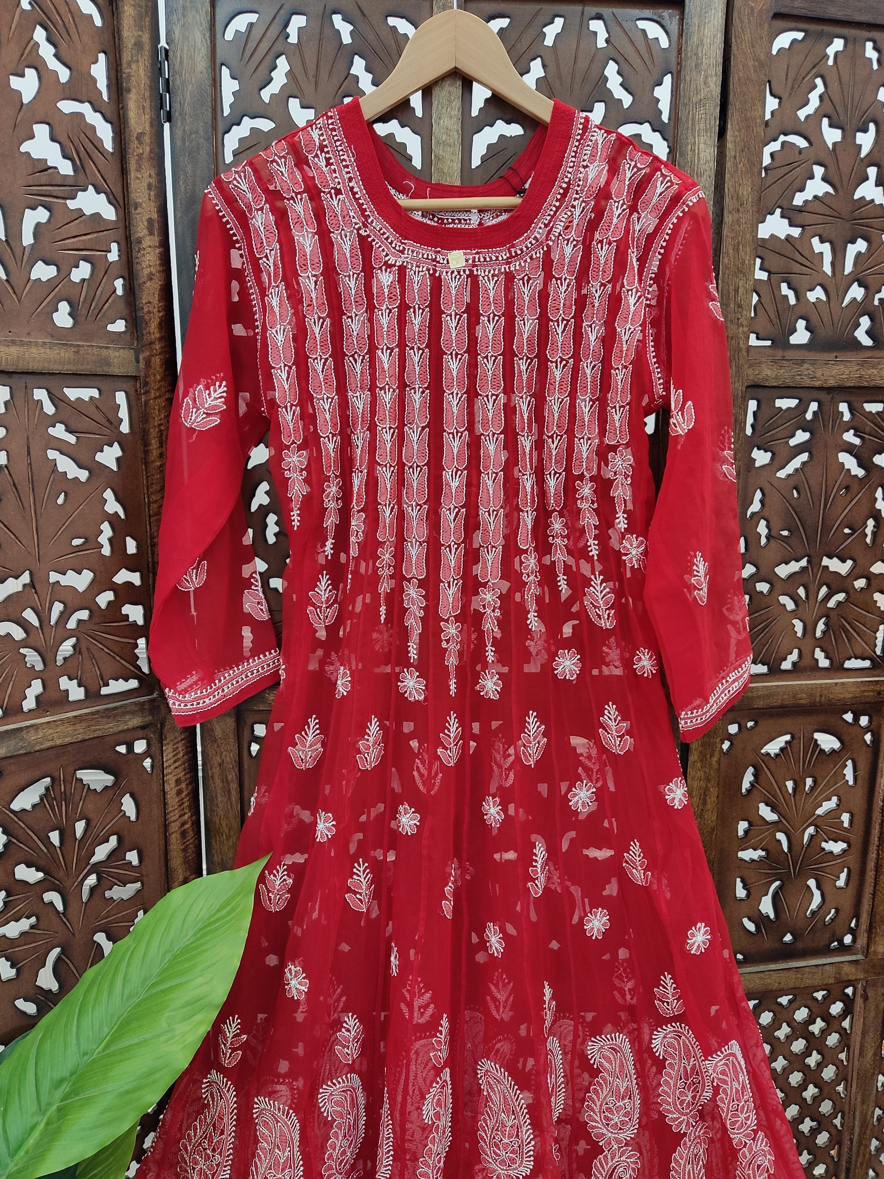 Red Georgette Chikankari Anarkali Kurti