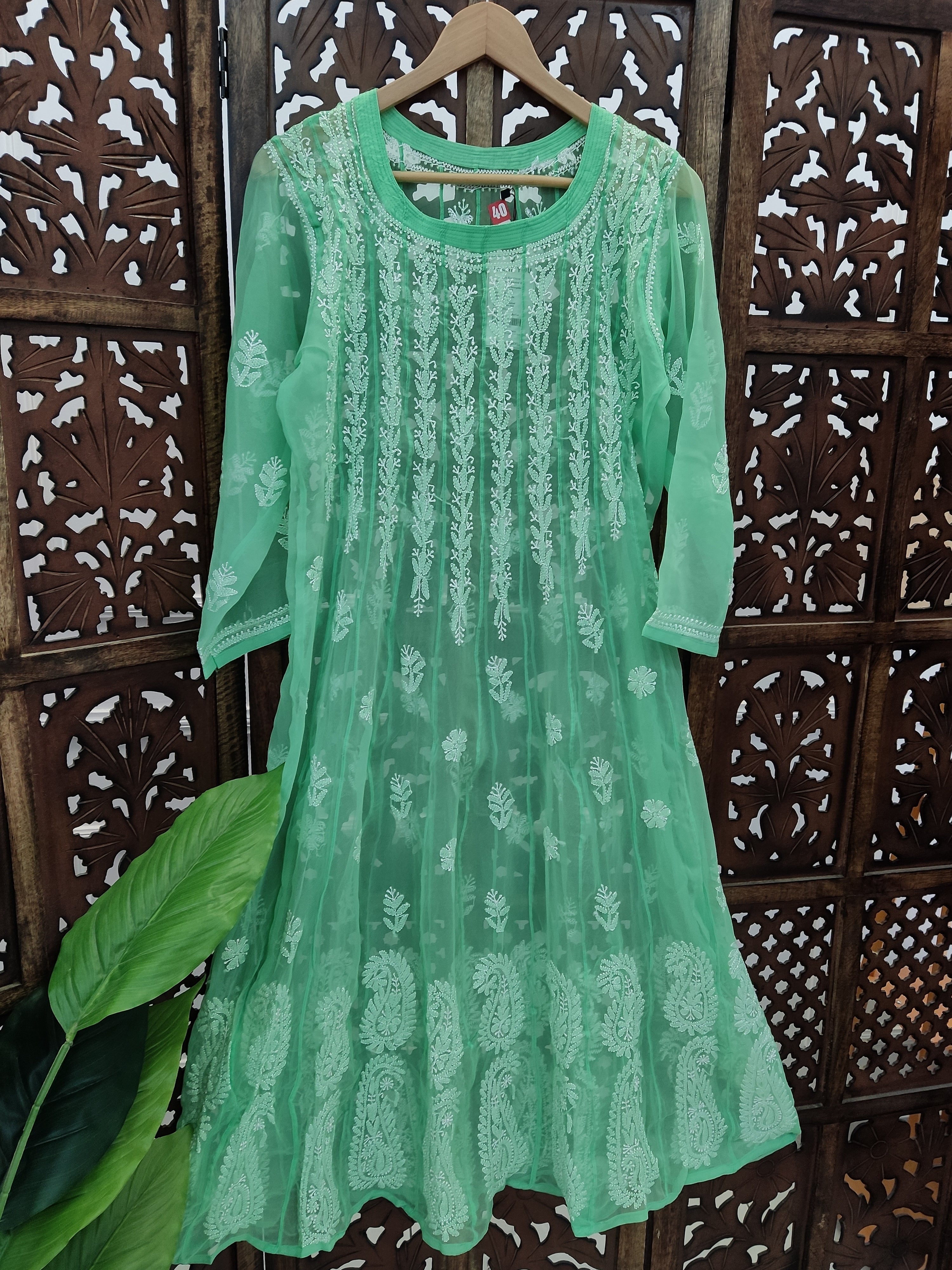 Pista Green Georgette Chikankari Anarkali Kurti