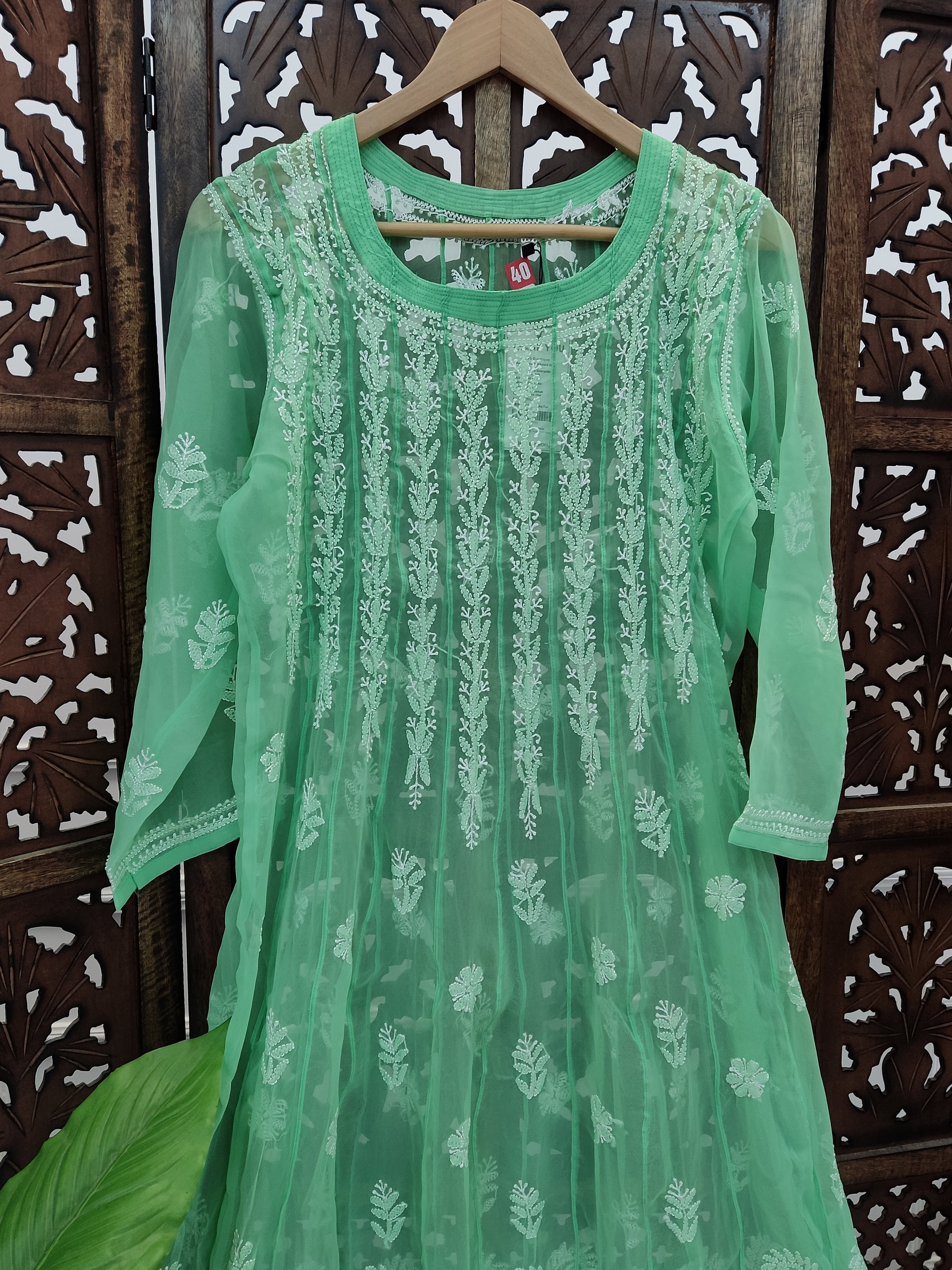 Pista Green Georgette Chikankari Anarkali Kurti