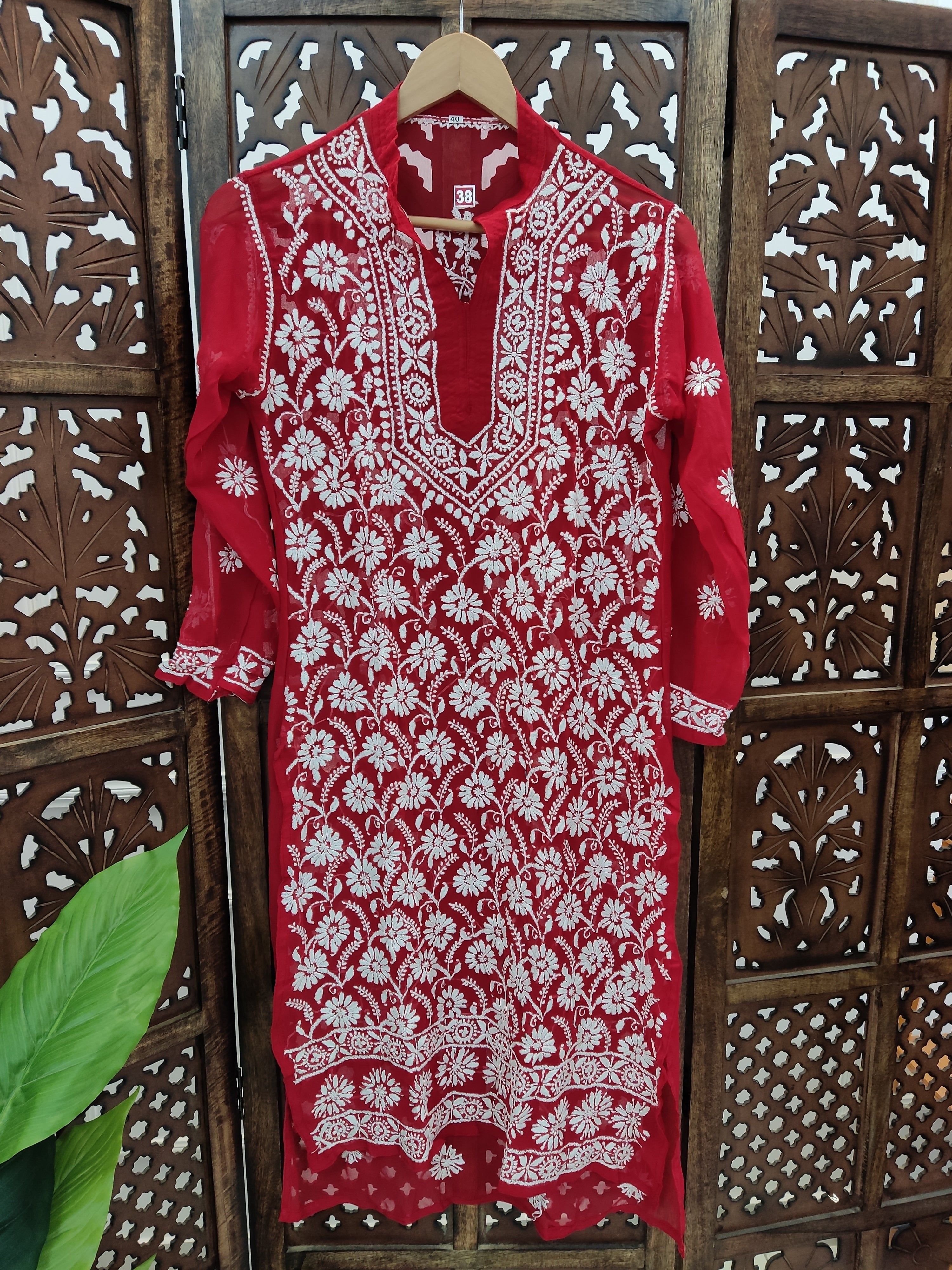 Red Georgette Chikankari Straight Kurti