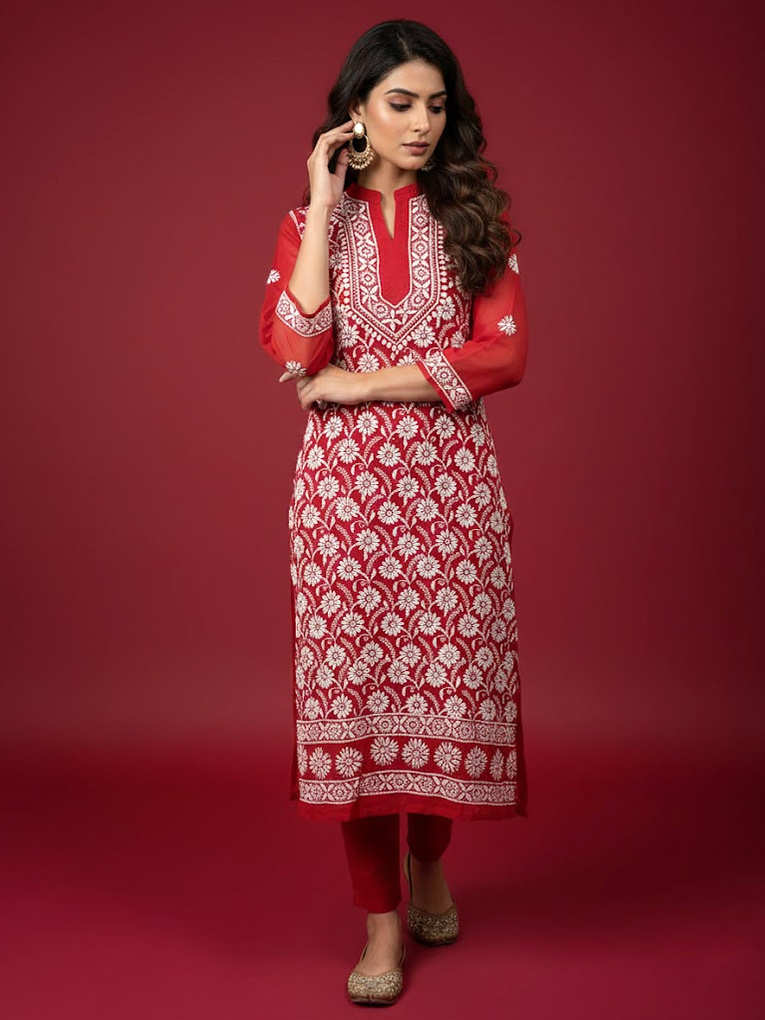 Red Georgette Chikankari Straight Kurti