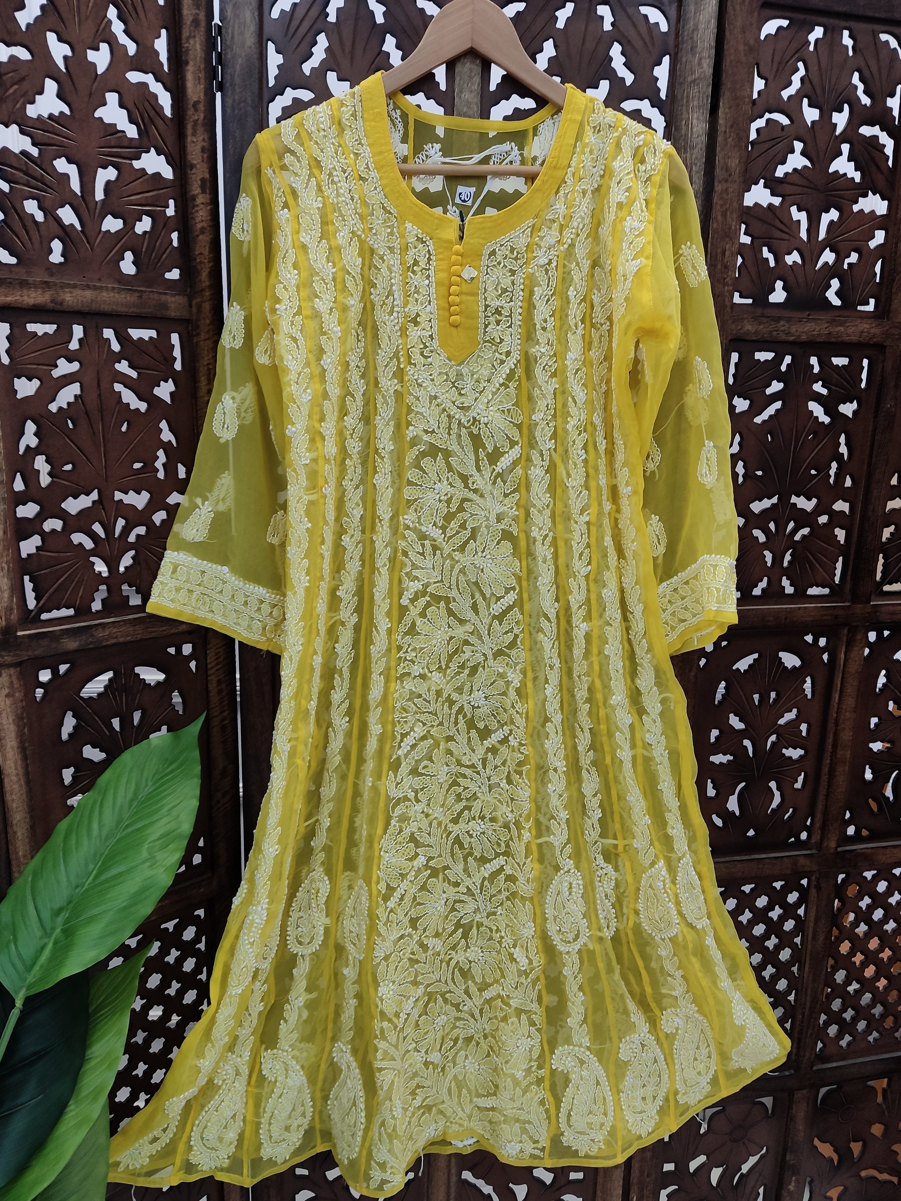 Yellow Georgette Chikankari Anarkali Kurti