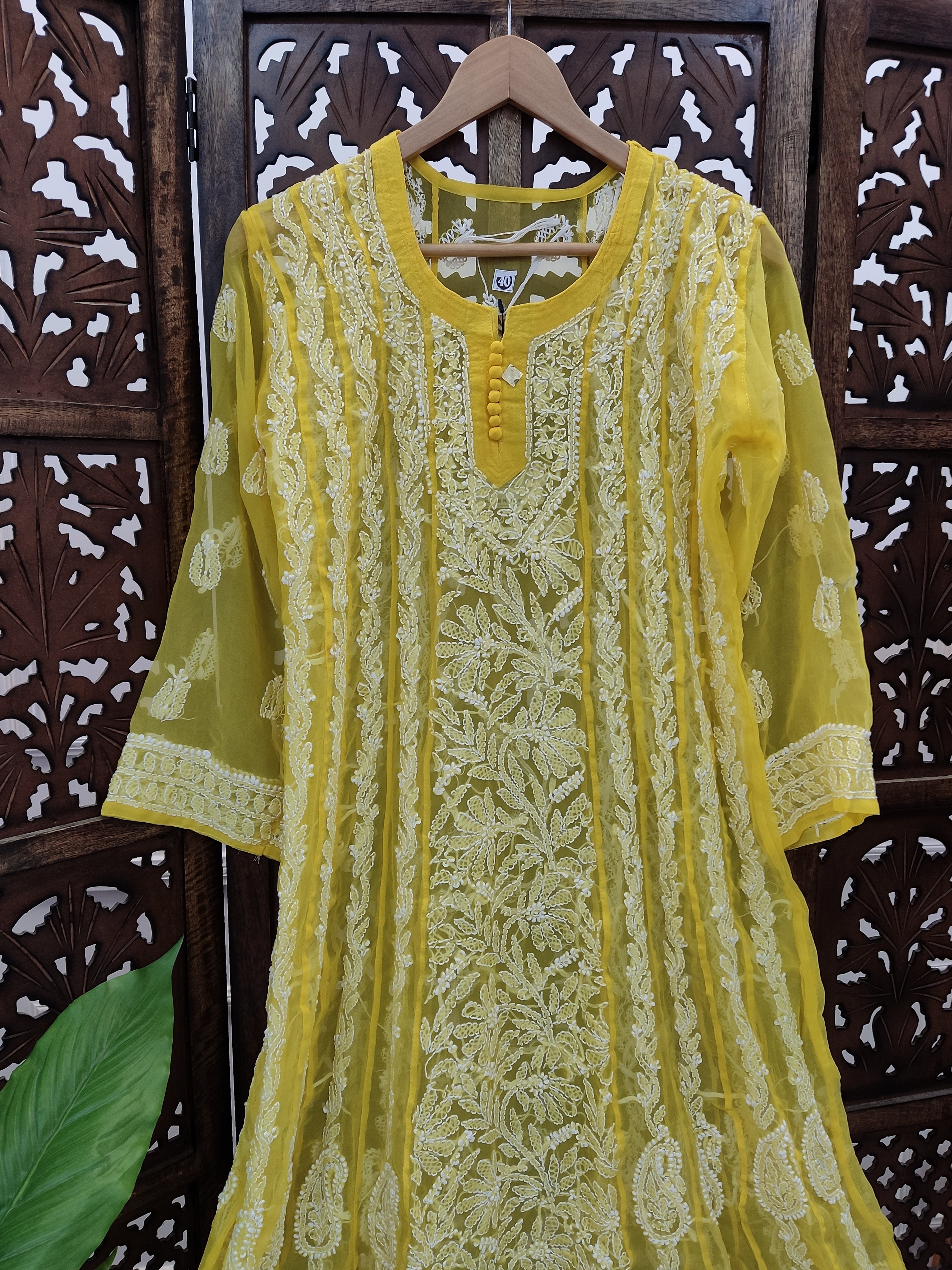 Yellow Georgette Chikankari Anarkali Kurti