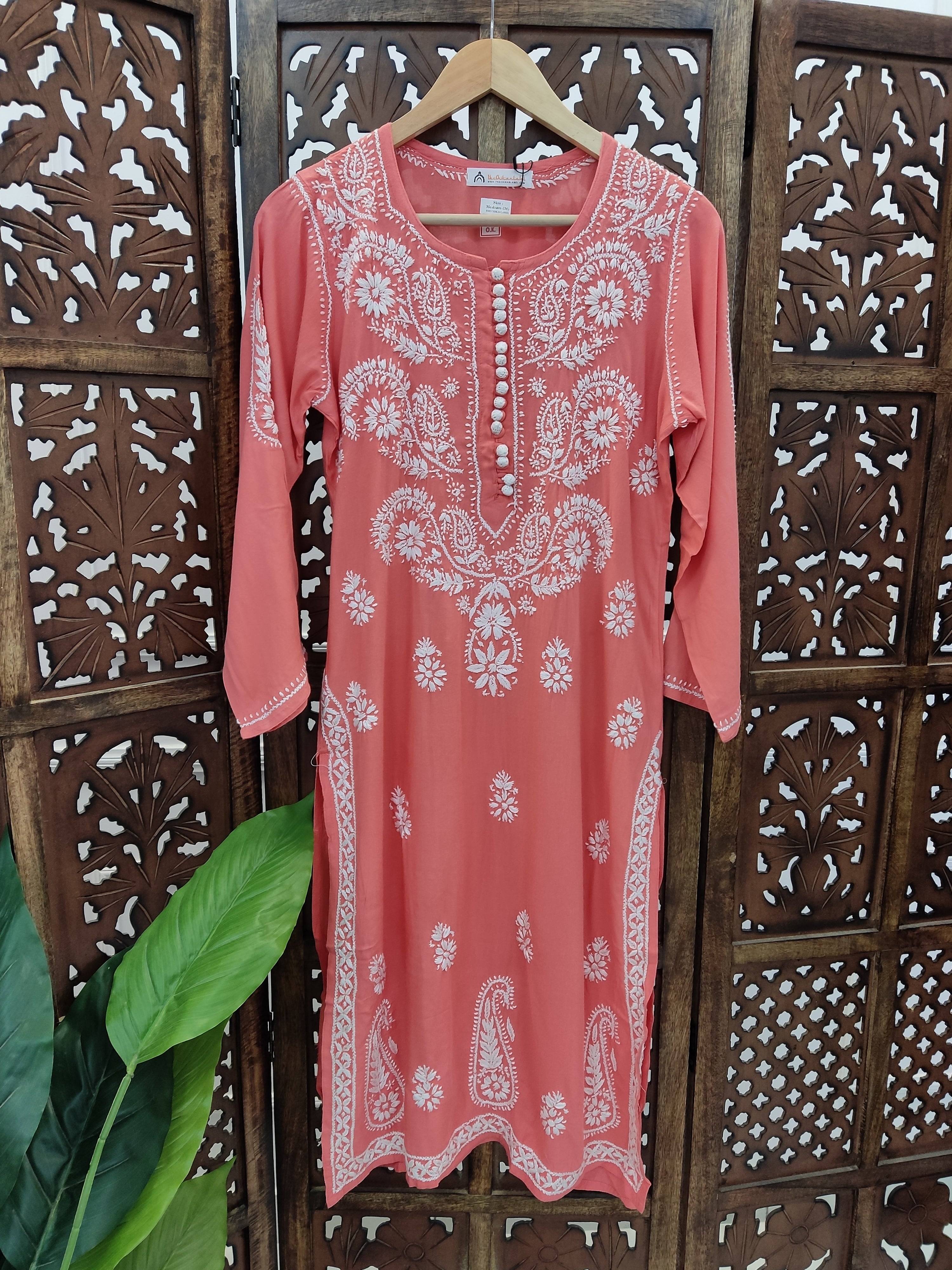 Peach Rayon Chikankari Straight Kurti