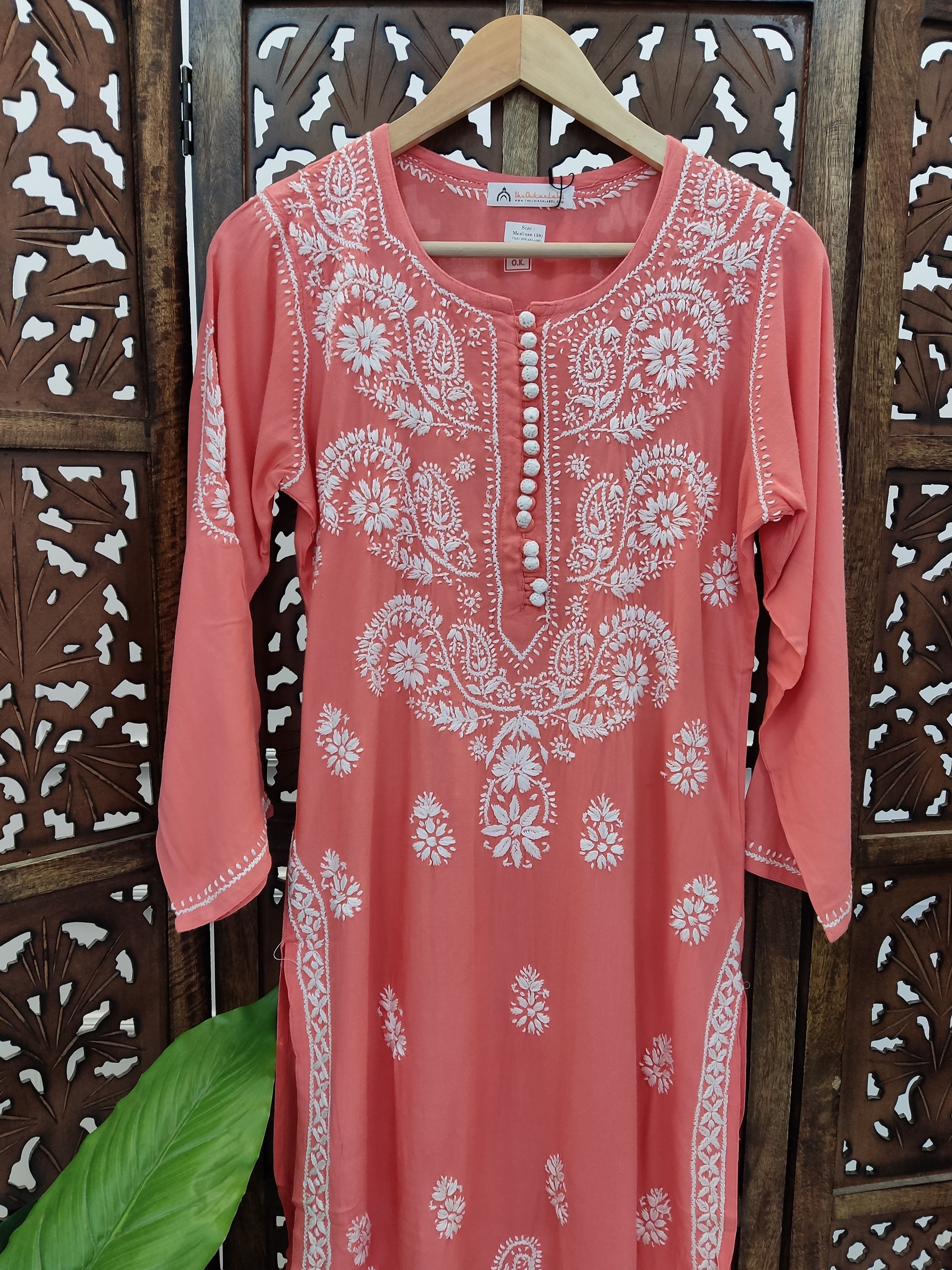 Peach Rayon Chikankari Straight Kurti