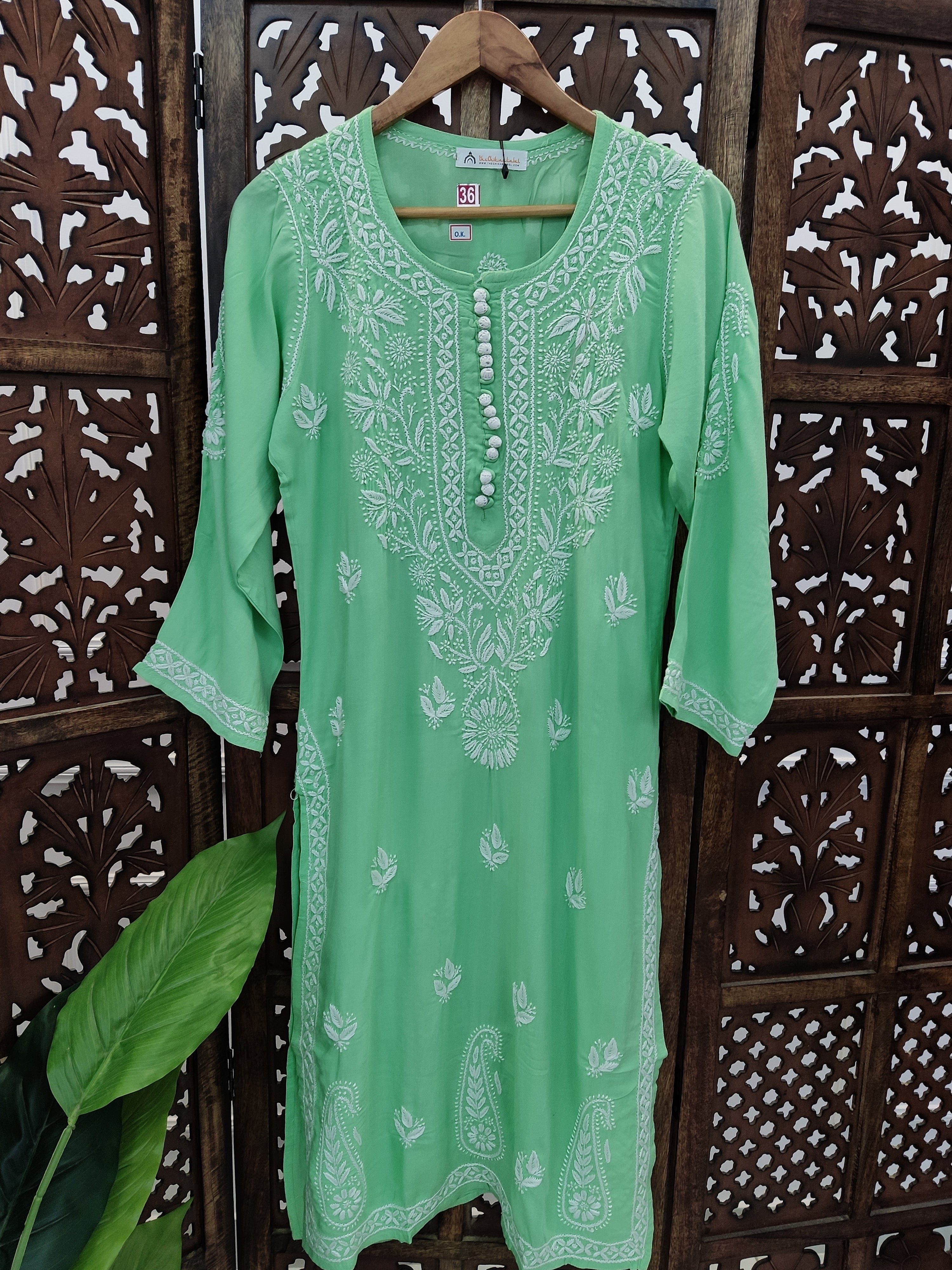 Pista Green Rayon Chikankari Straight Kurti