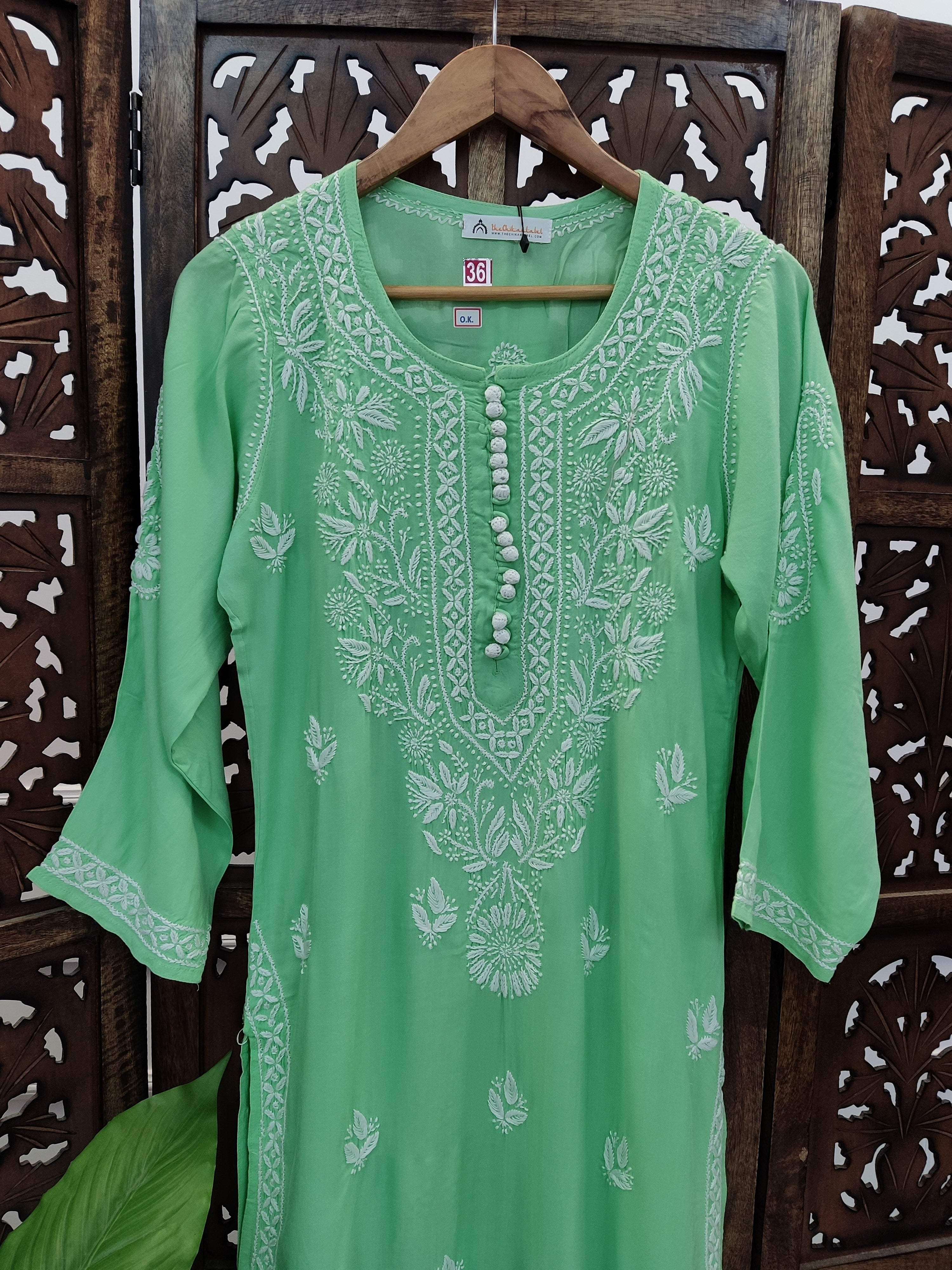 Pista Green Rayon Chikankari Straight Kurti