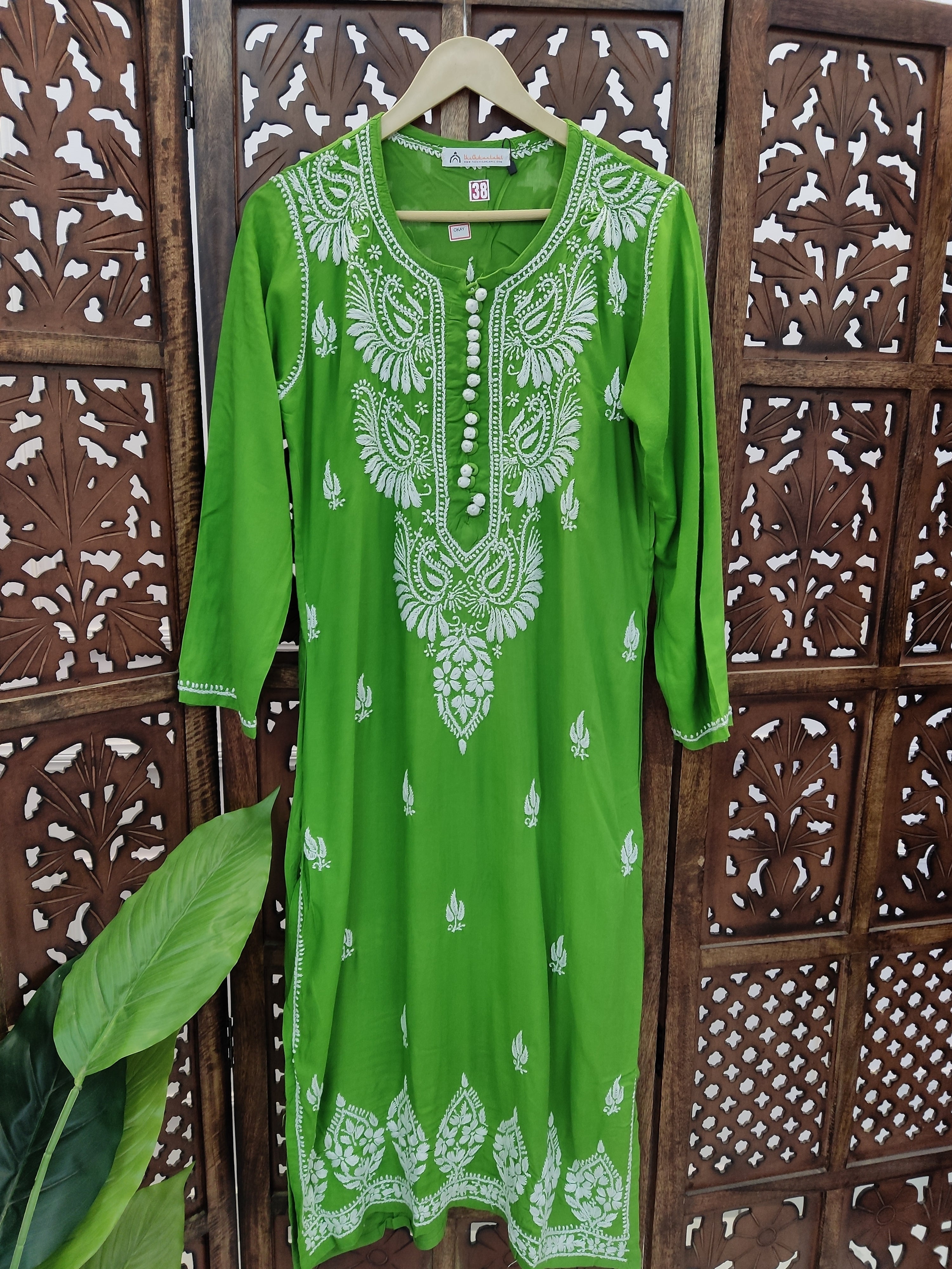 Green Rayon Chikankari Straight Kurti