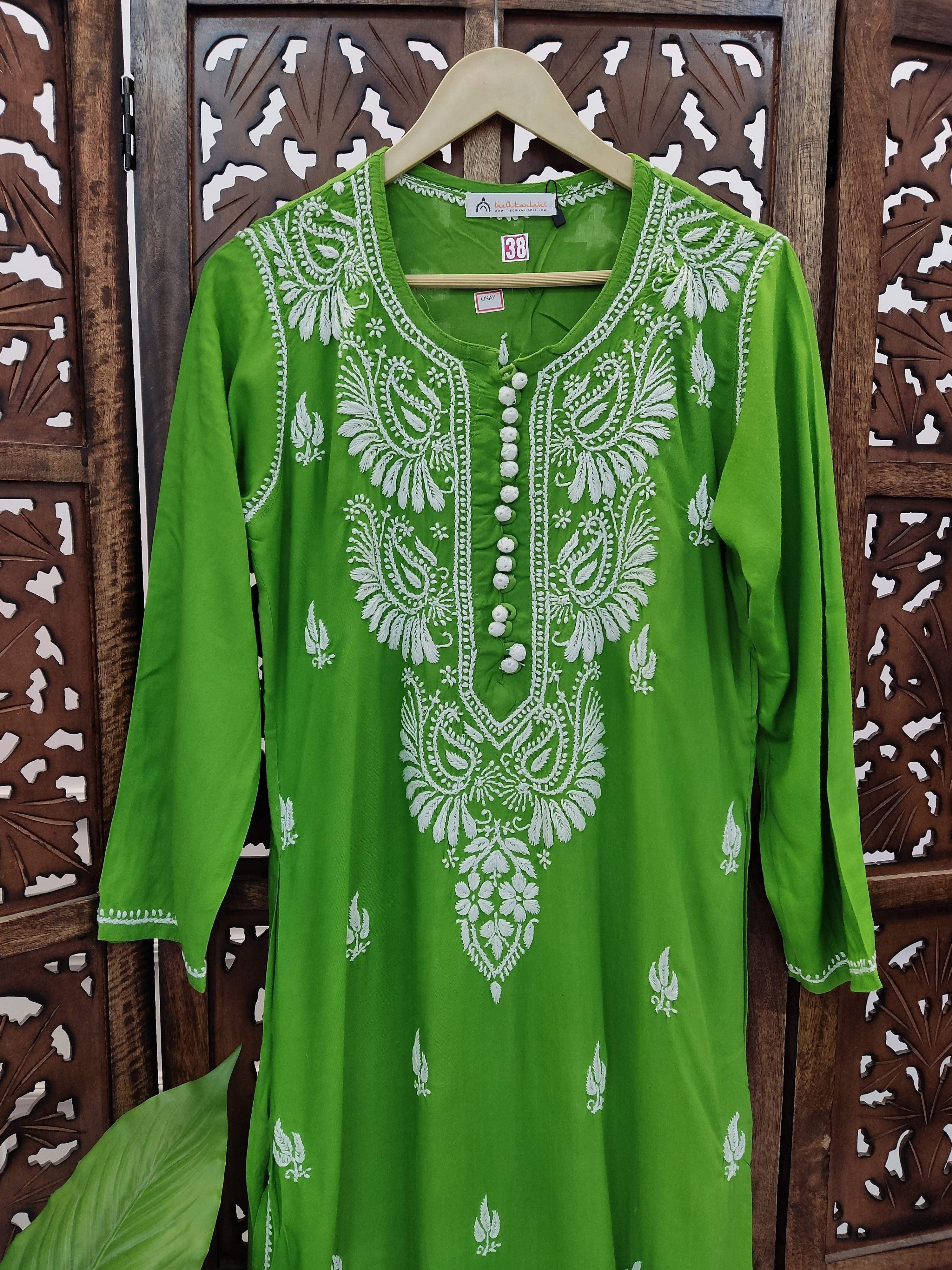 Green Rayon Chikankari Straight Kurti