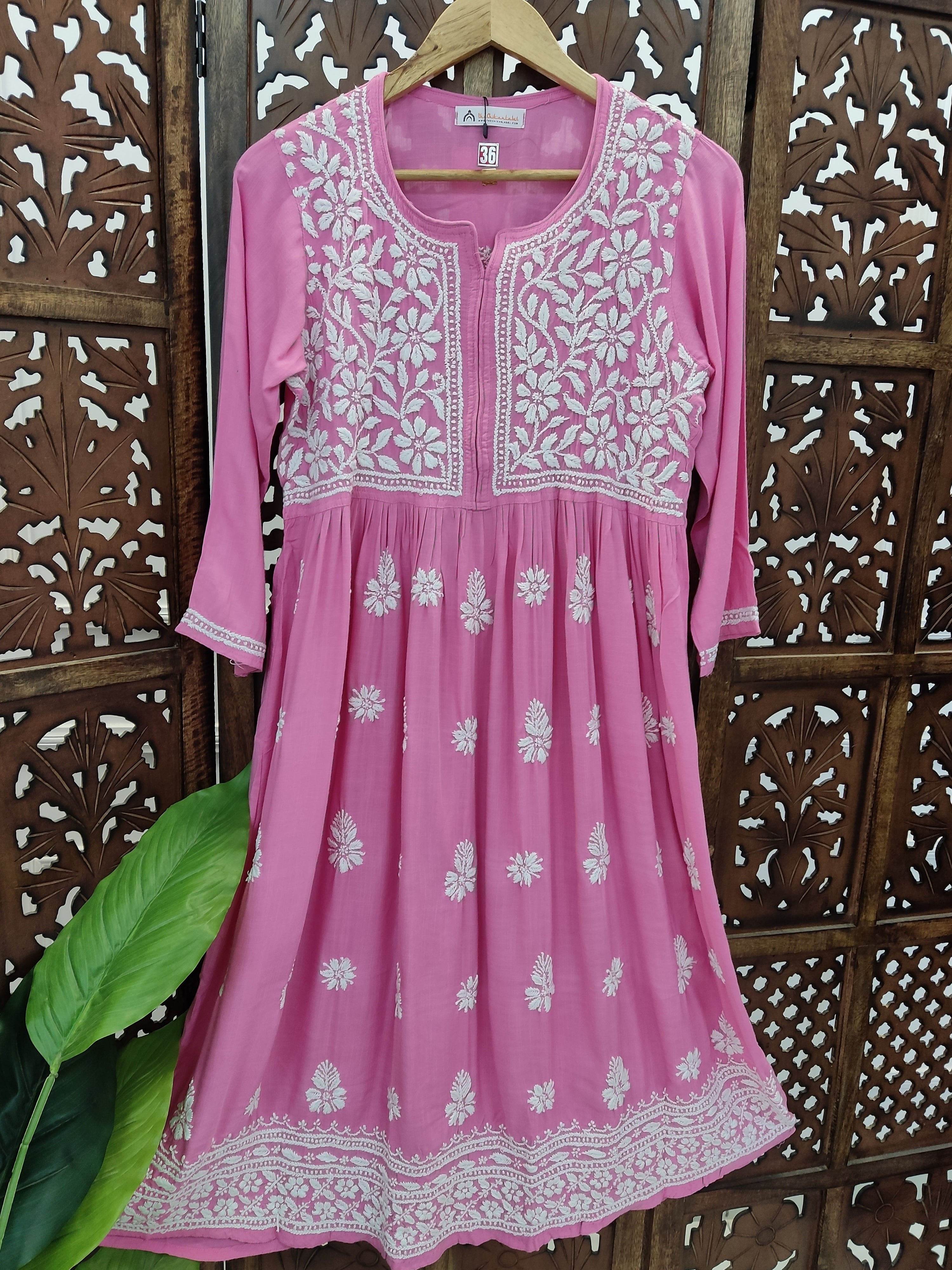 Pink Rayon Chikankari Anarkali Kurti