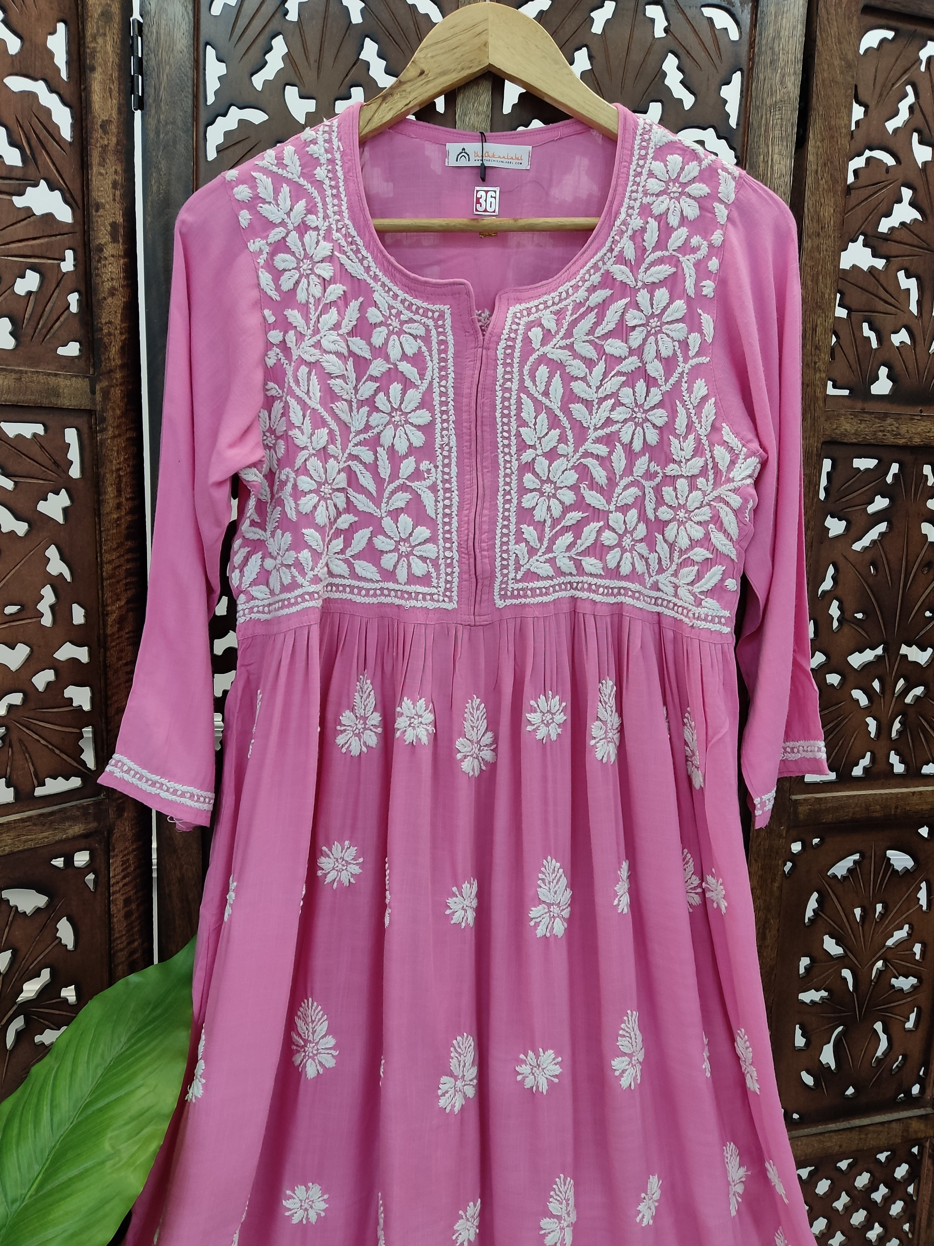 Pink Rayon Chikankari Anarkali Kurti