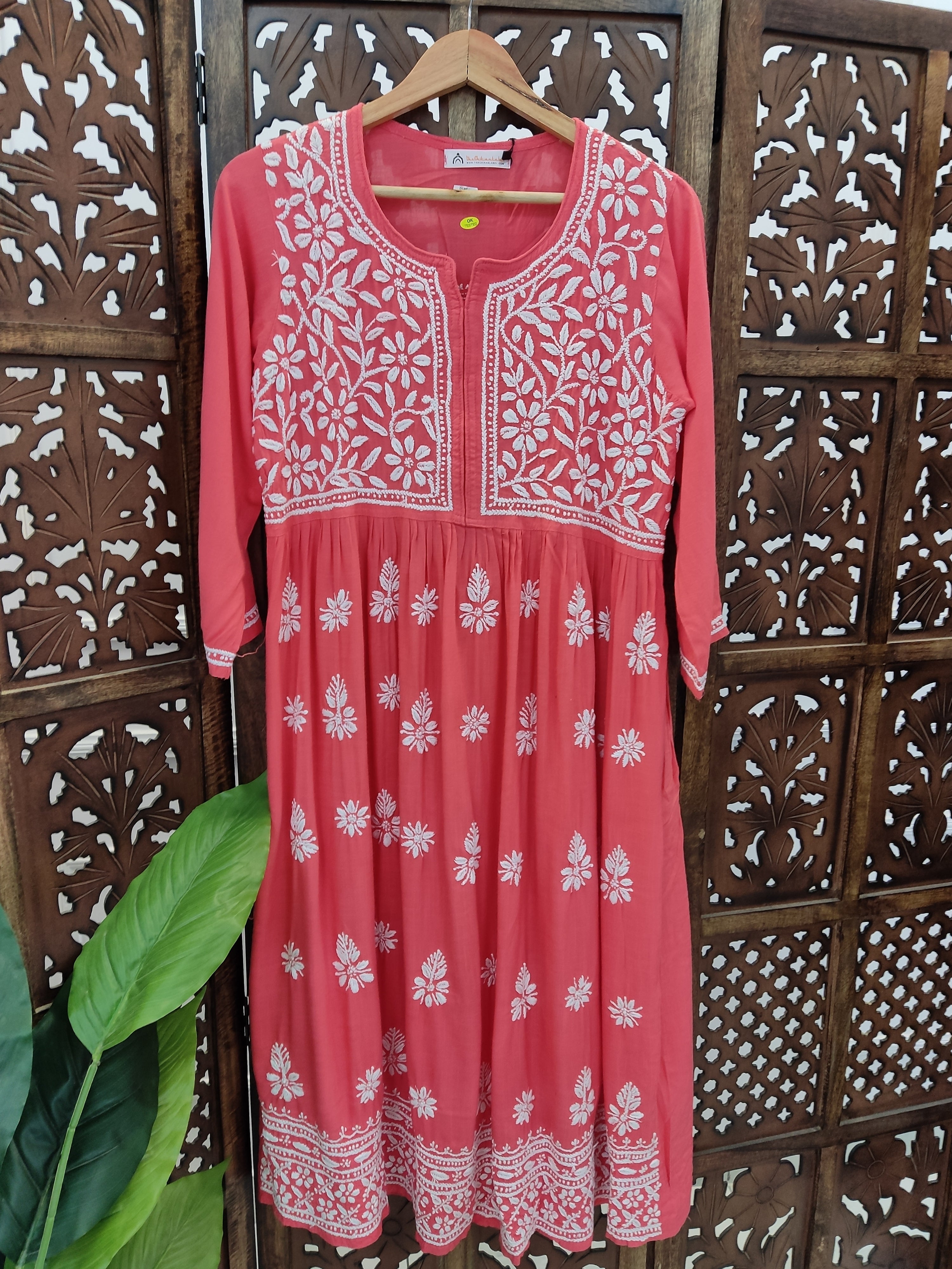 Peach Rayon Chikankari Anarkali Kurti