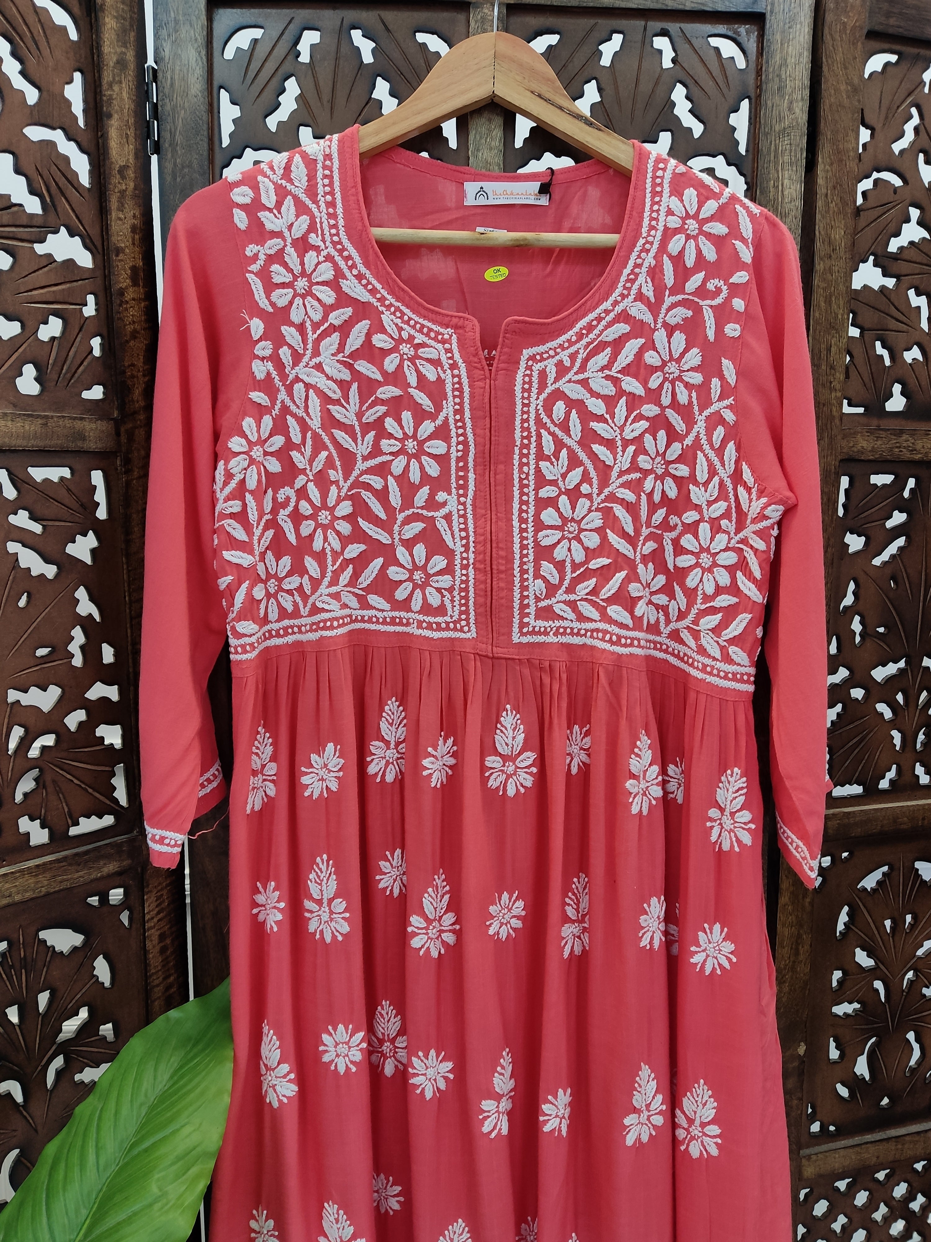 Peach Rayon Chikankari Anarkali Kurti