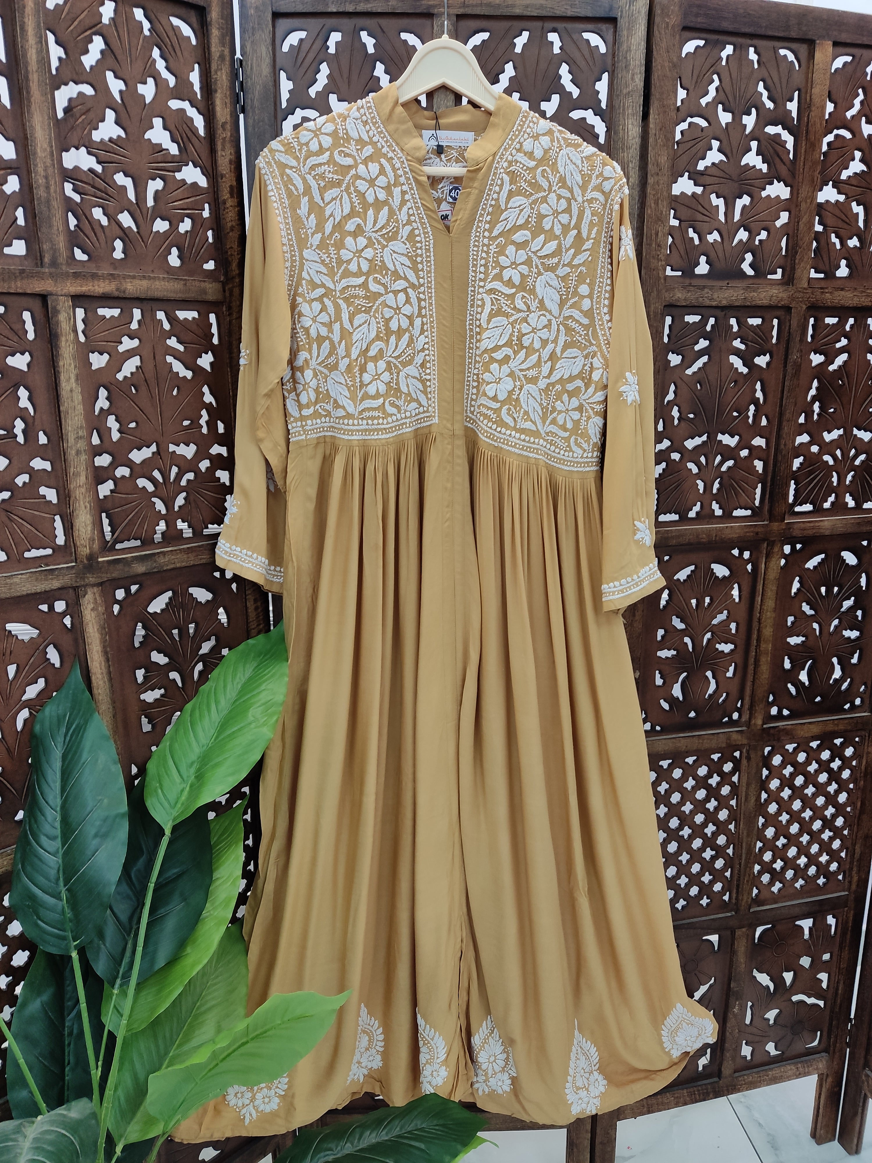 Beige Rayon Chikankari Anarkali Kurti