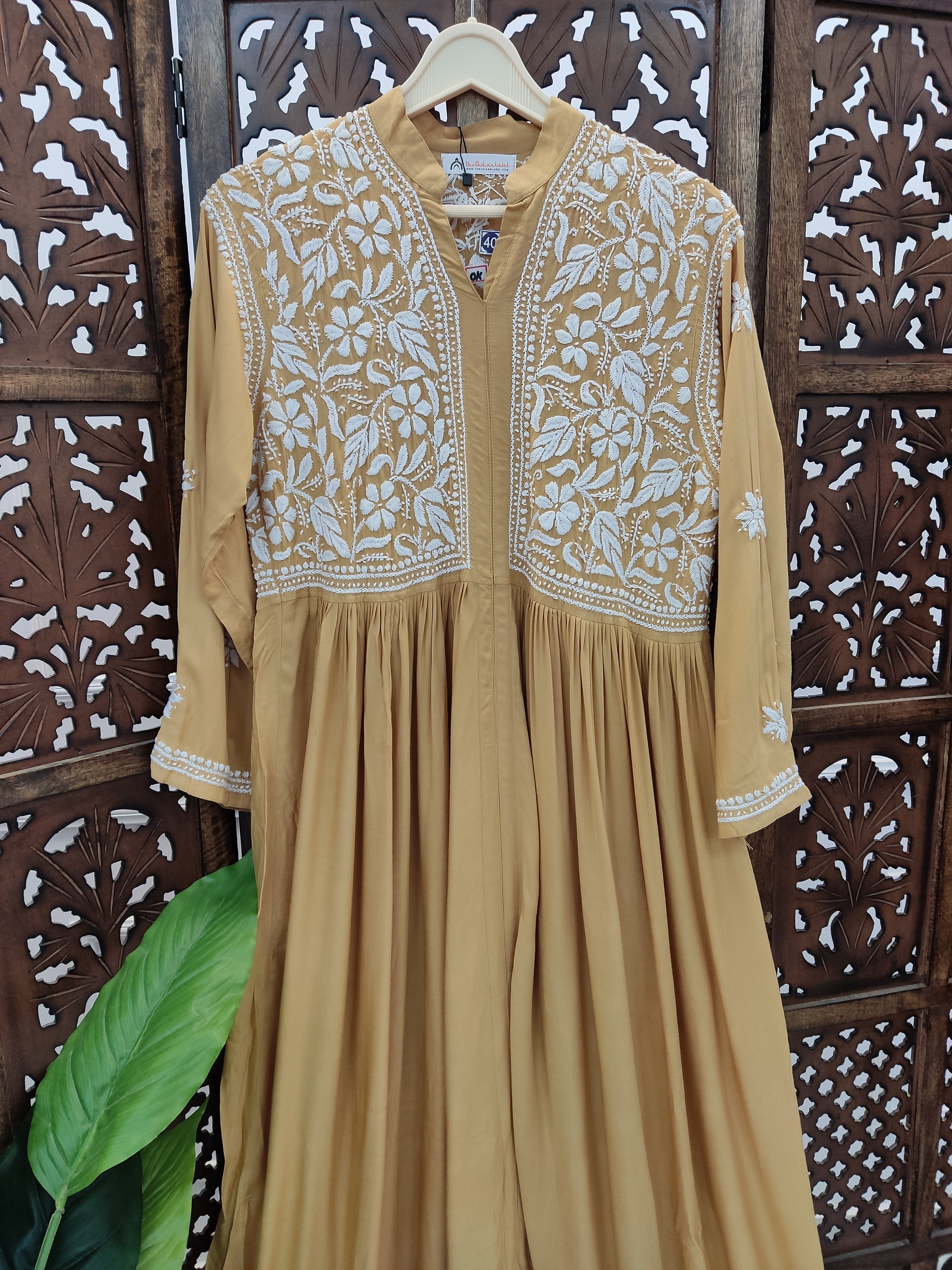 Beige Rayon Chikankari Anarkali Kurti