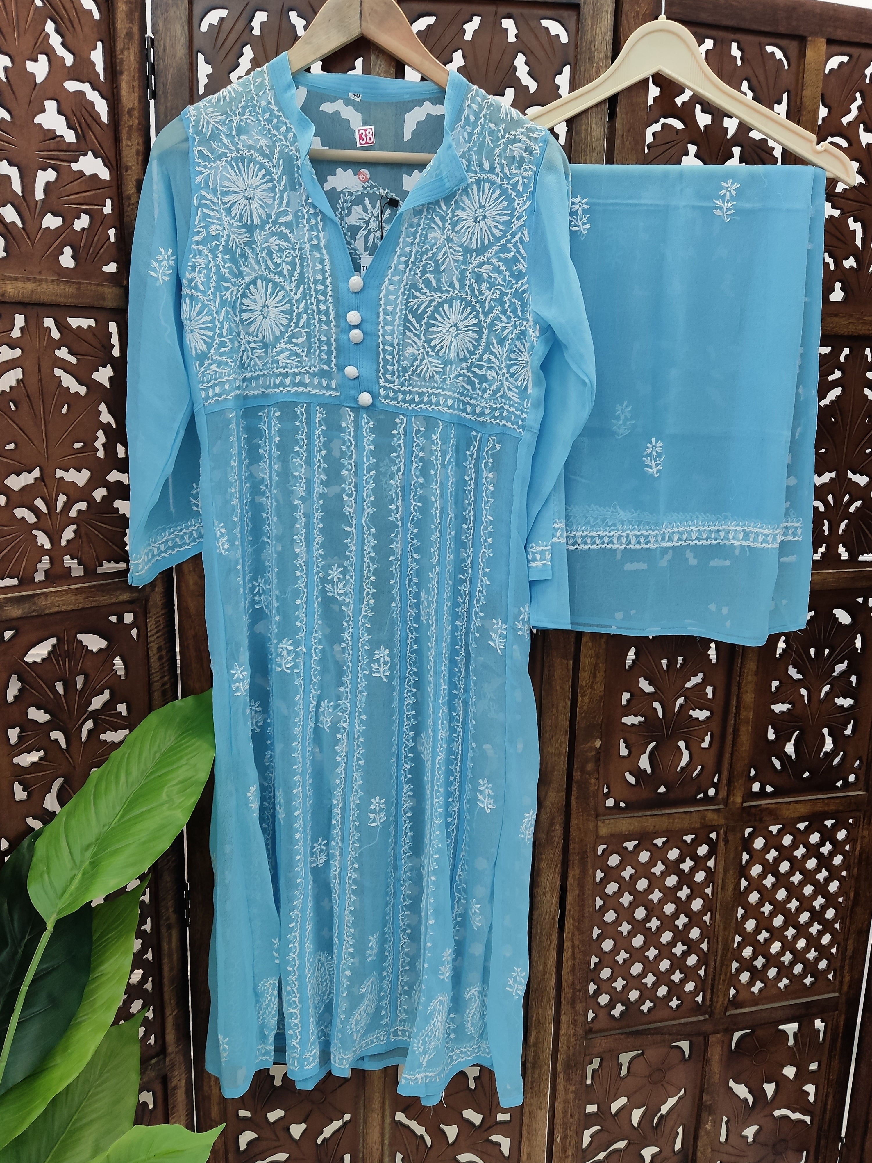 Sky Blue Georgette Chikankari Straight Kurti with Dupatta