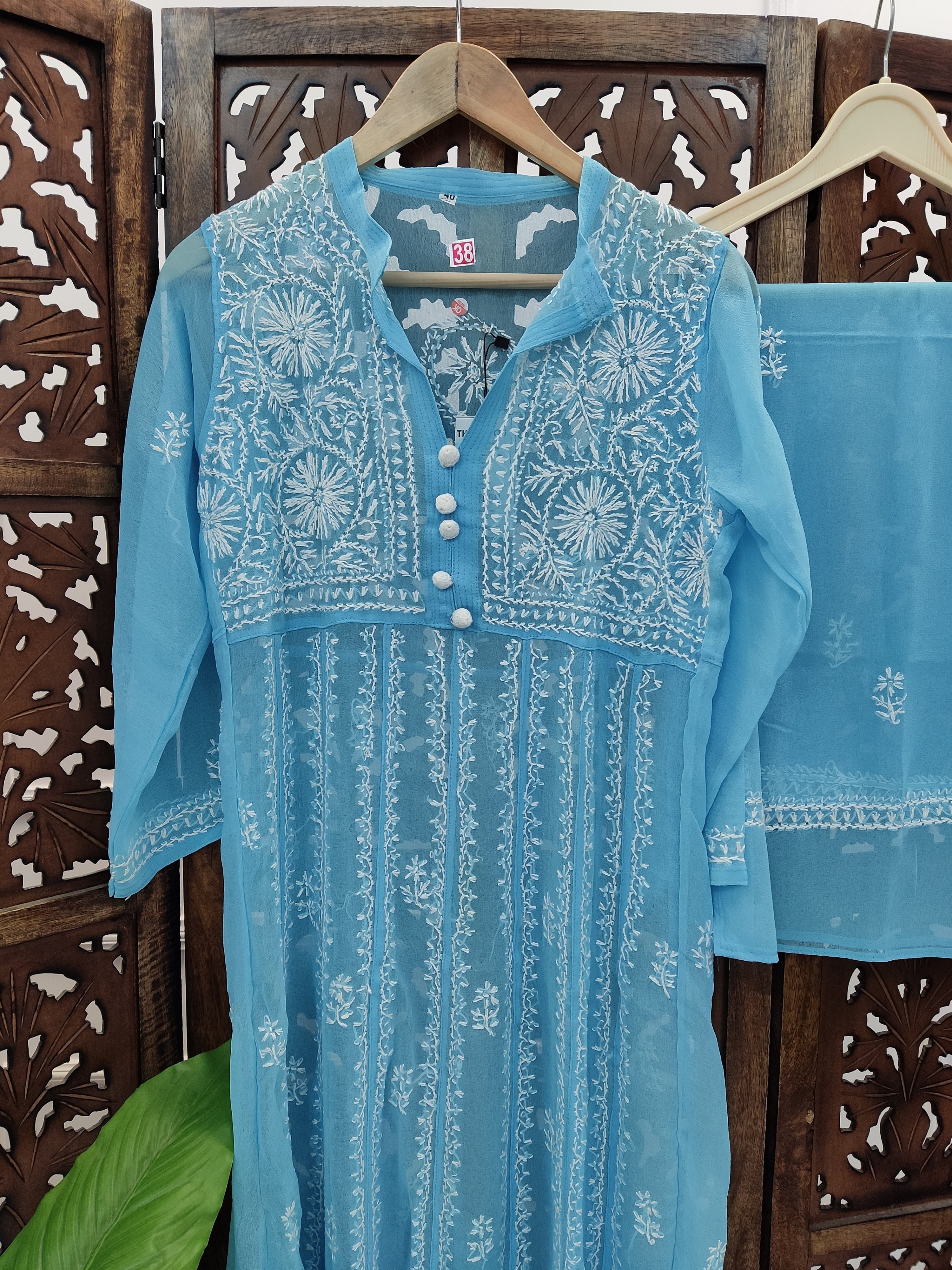 Sky Blue Georgette Chikankari Straight Kurti with Dupatta