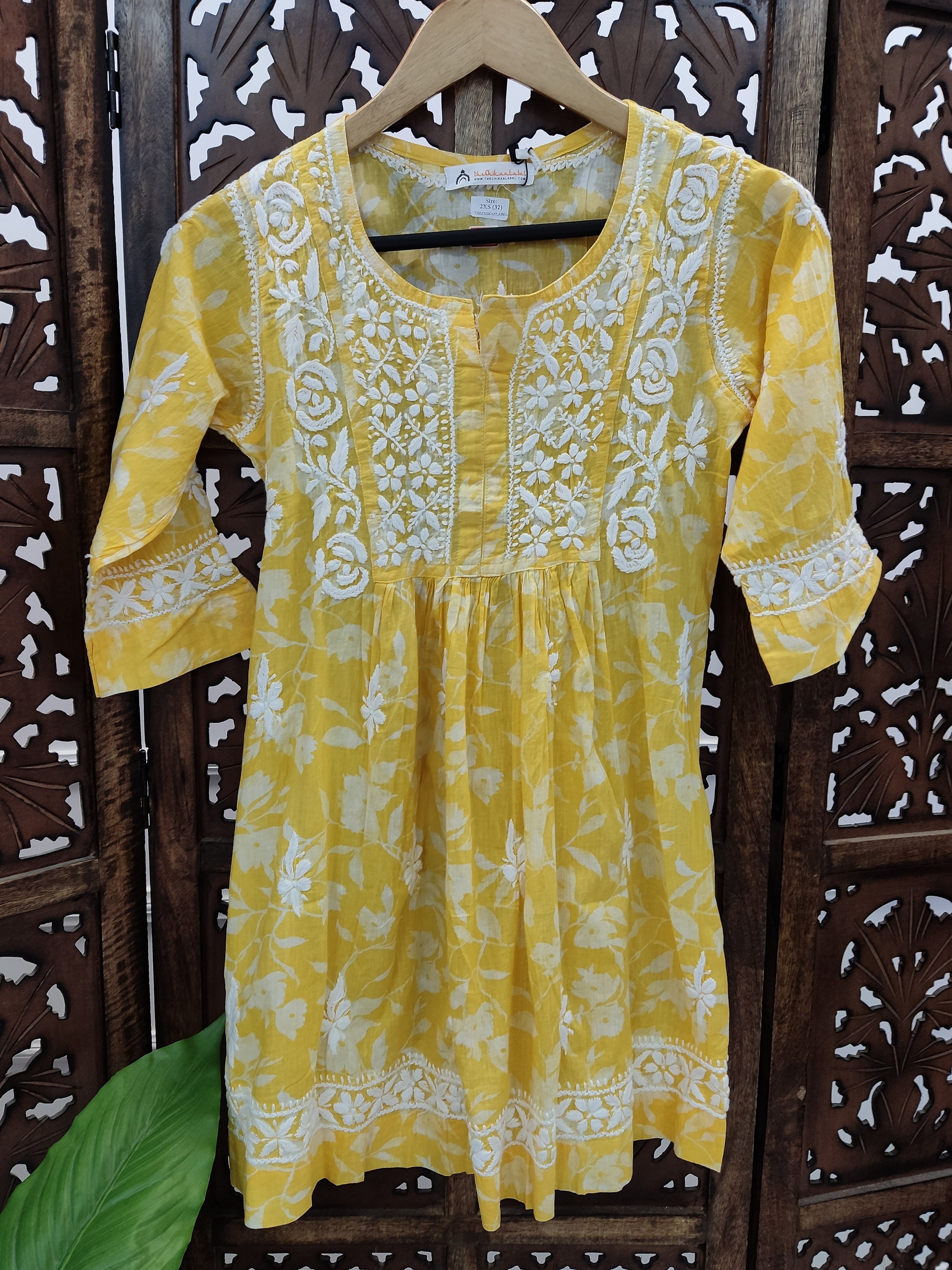 Yellow Mulmul Printed Chikankari Short Top