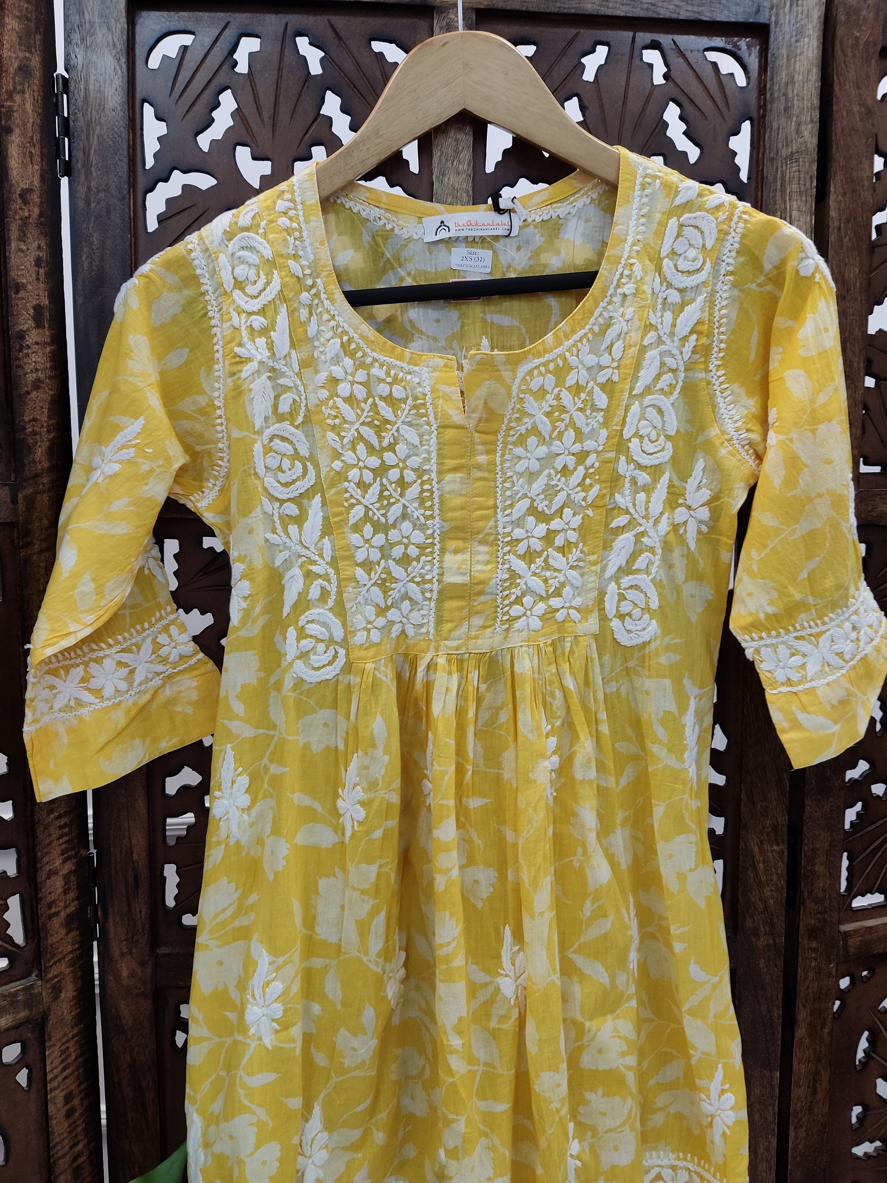 Yellow Mulmul Printed Chikankari Short Top