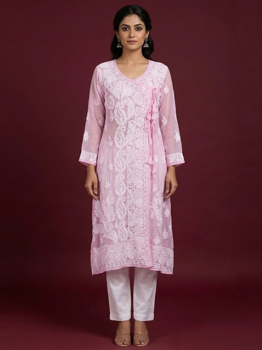 Baby Pink Georgette Chikankari Angrakha Kurti