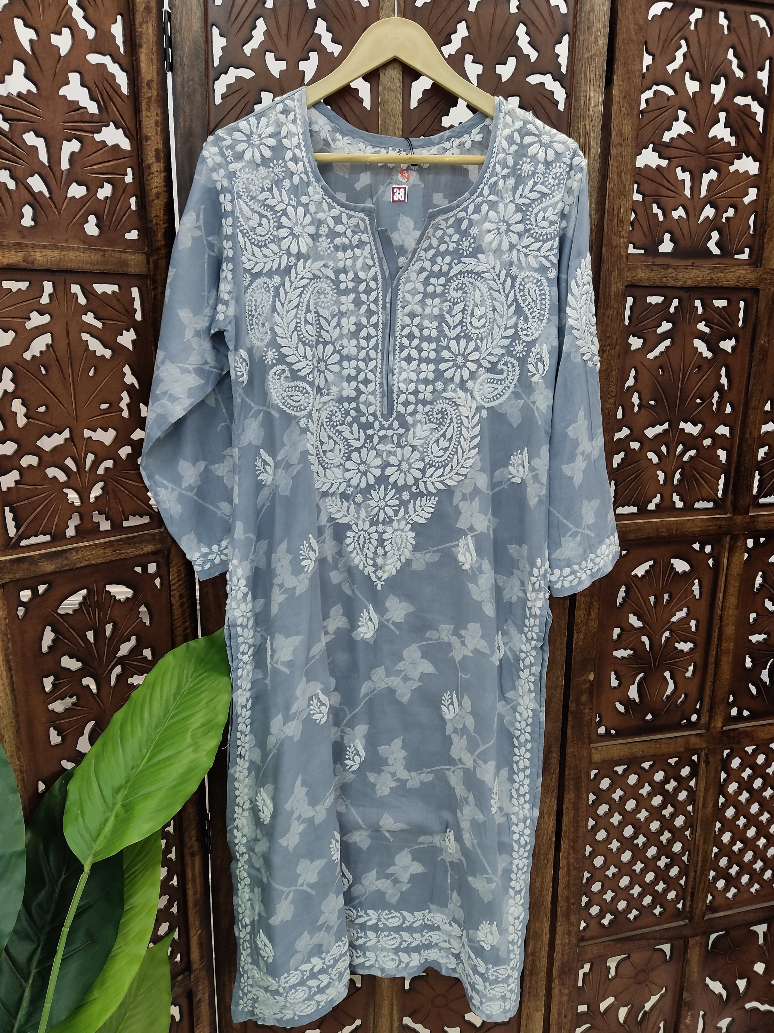 Grey Mulmul Printed Chikankari Straight Kurti