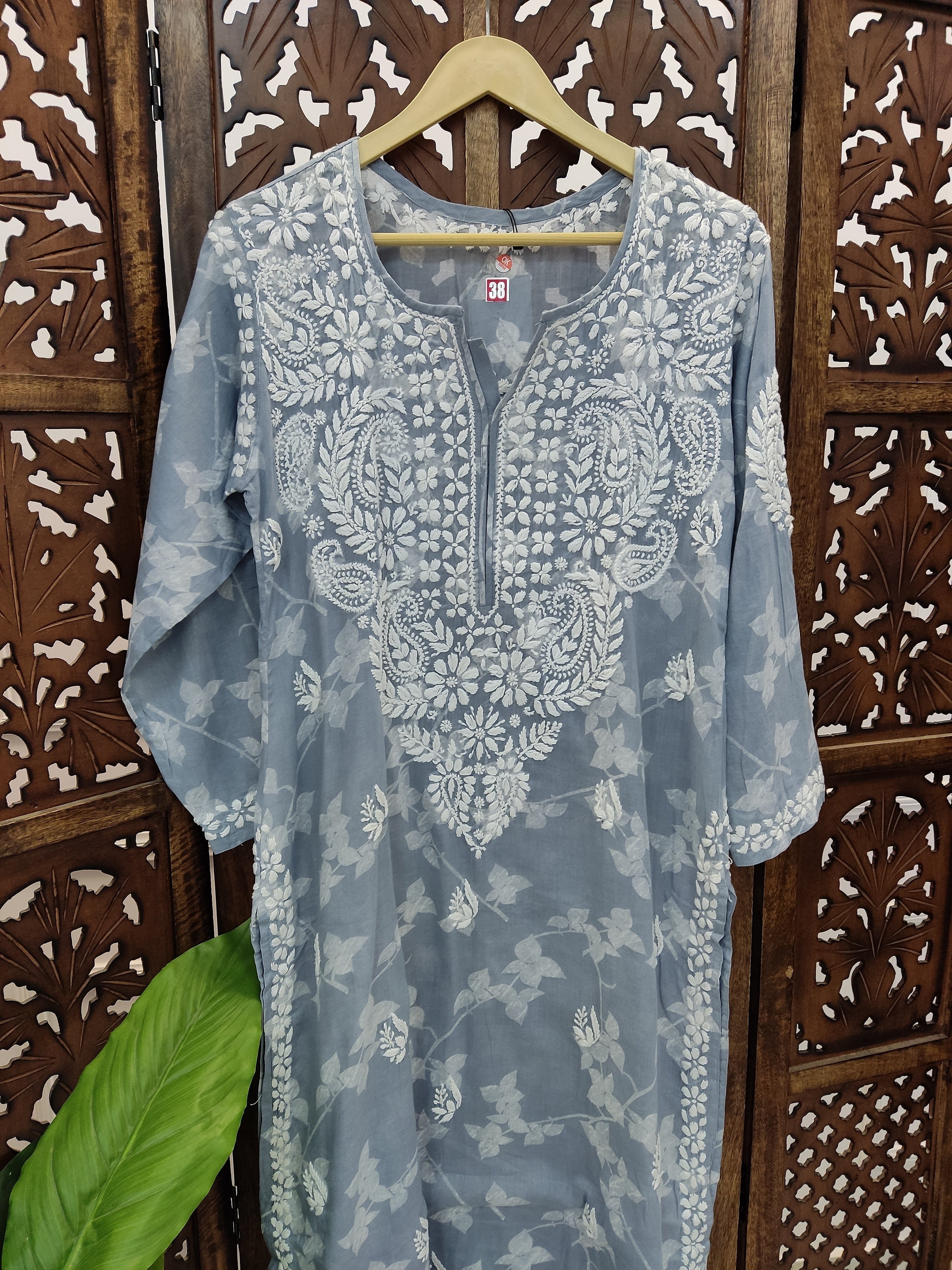 Grey Mulmul Printed Chikankari Straight Kurti