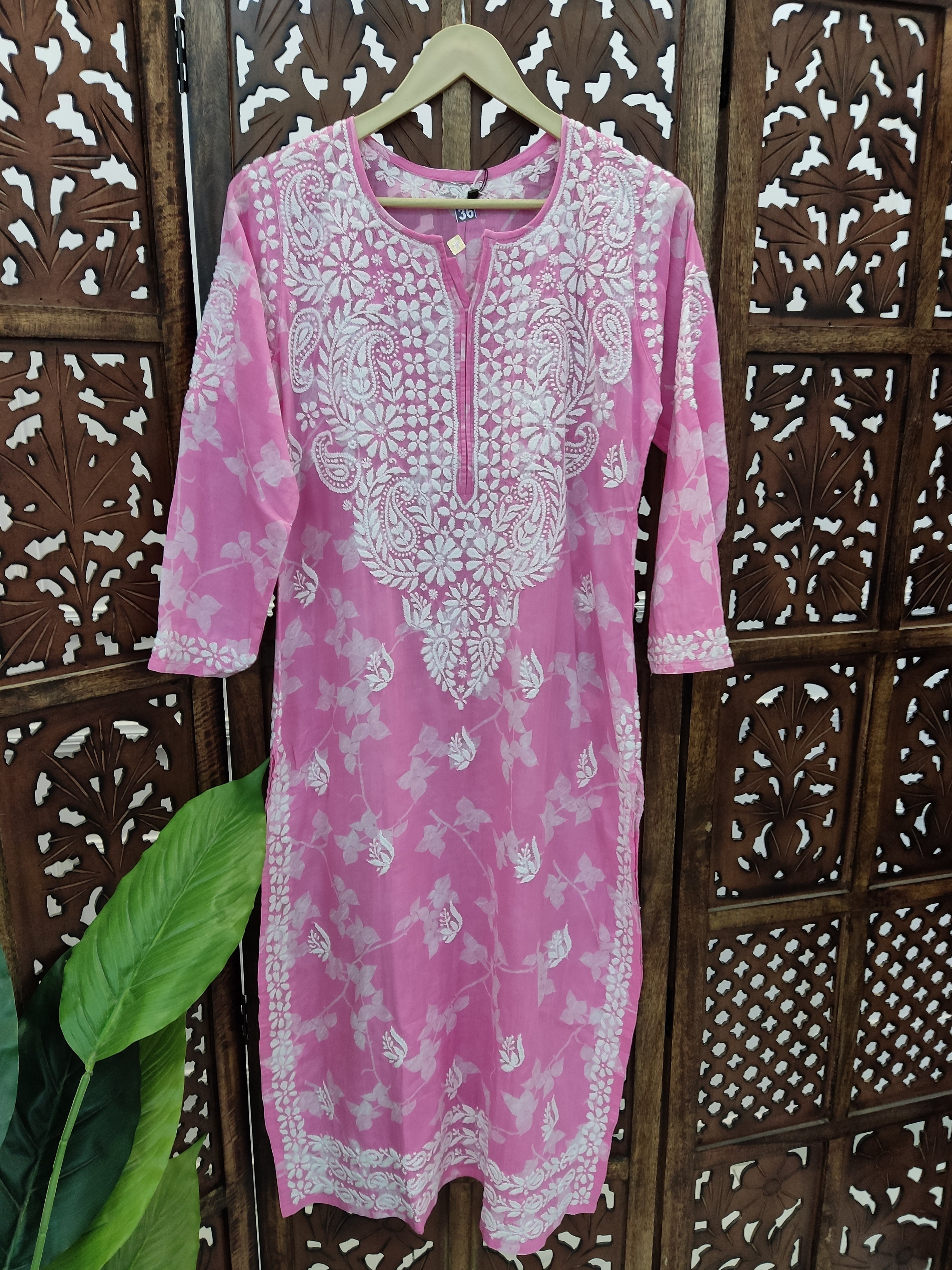 Pink Mulmul Printed Chikankari Straight Kurti