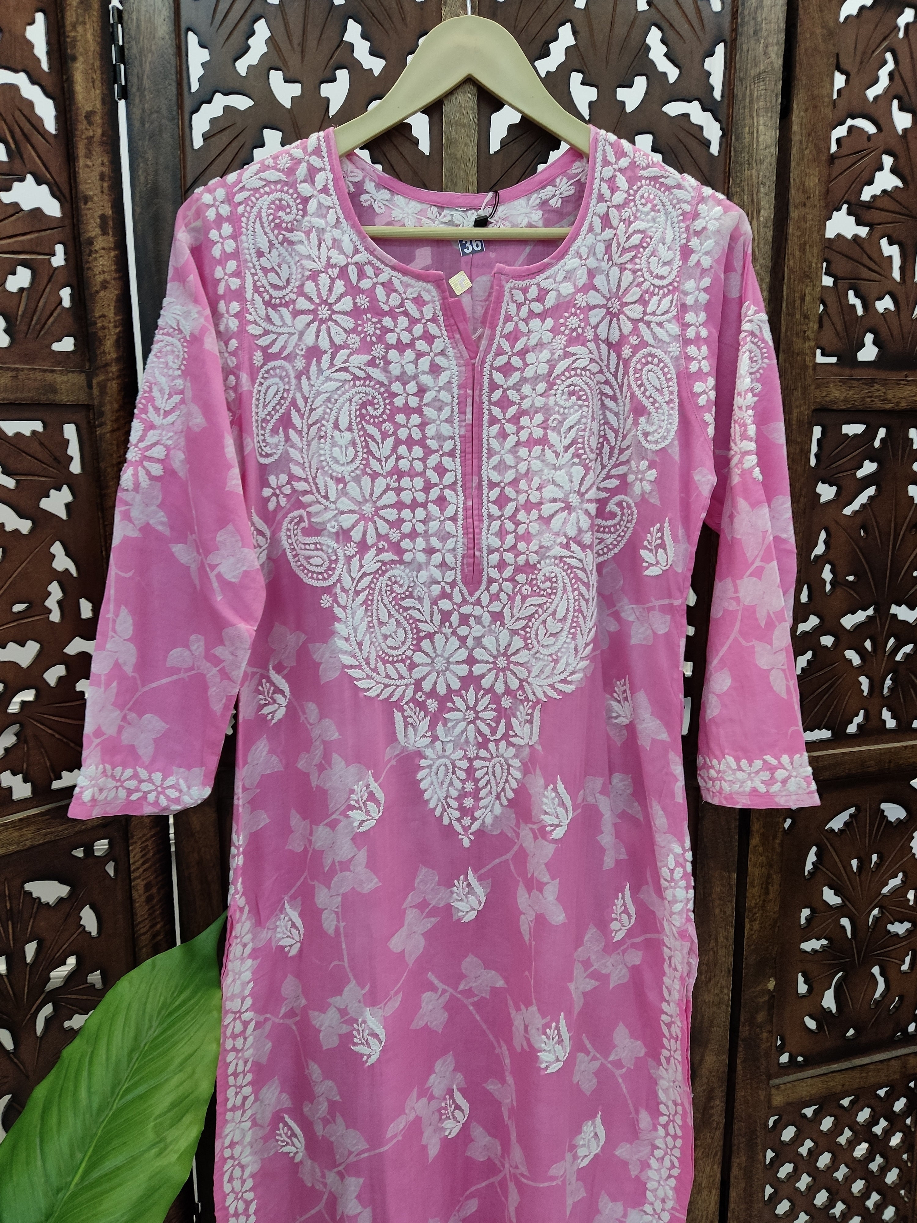 Pink Mulmul Printed Chikankari Straight Kurti