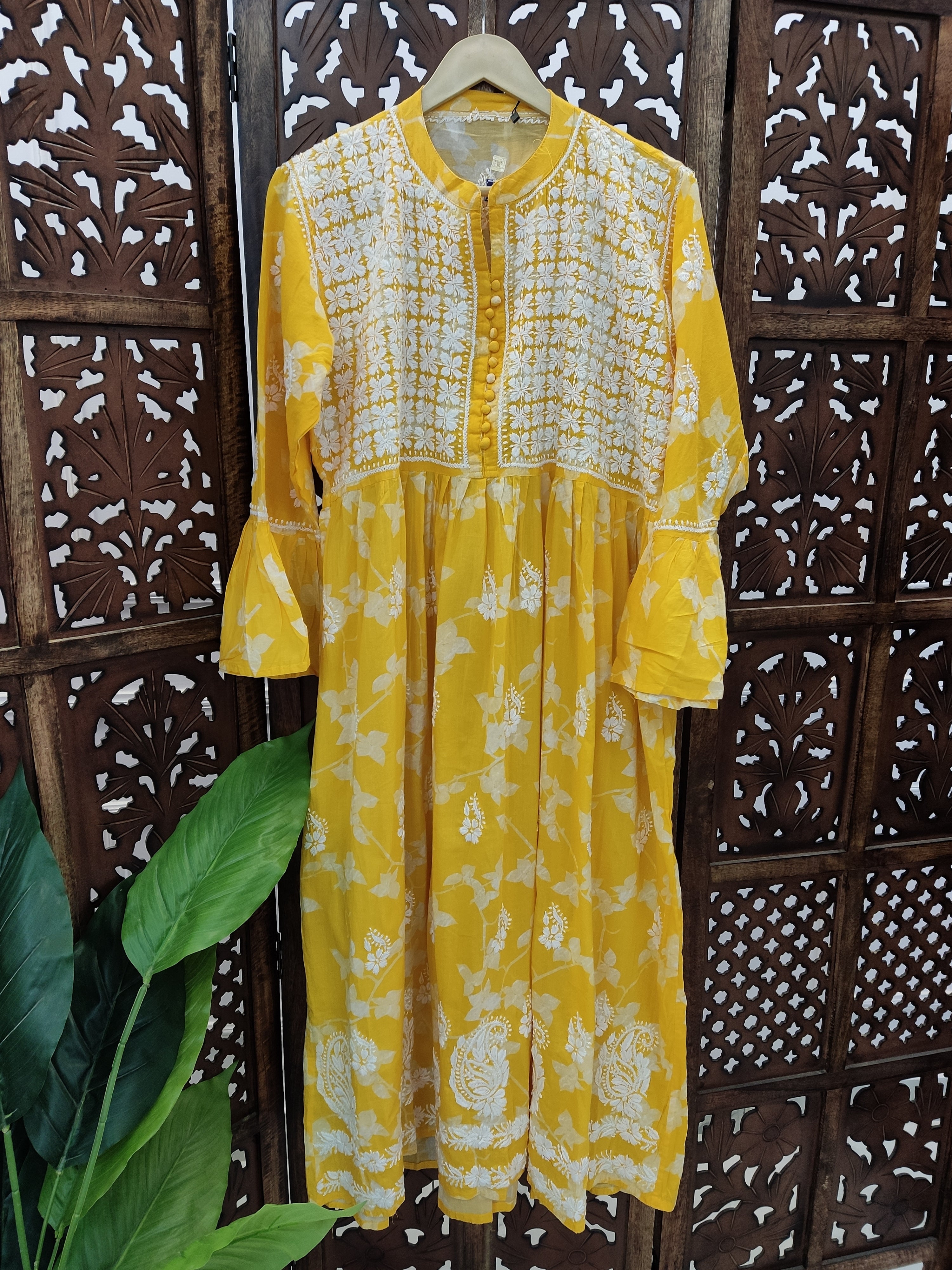 Yellow Mulmul Printed Chikankari Kurti